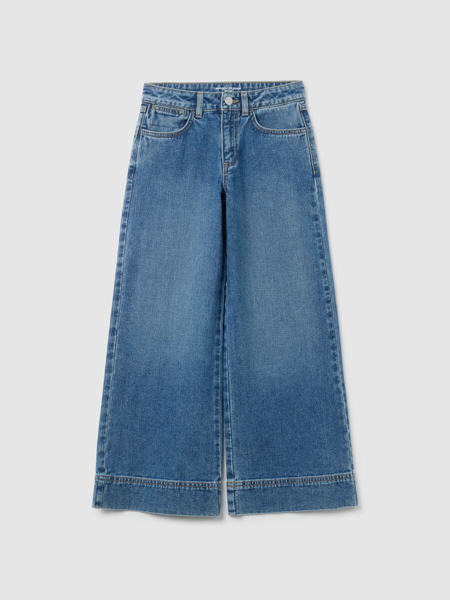 Jeans da ragazza in puro cotone blu a gamba larga_0