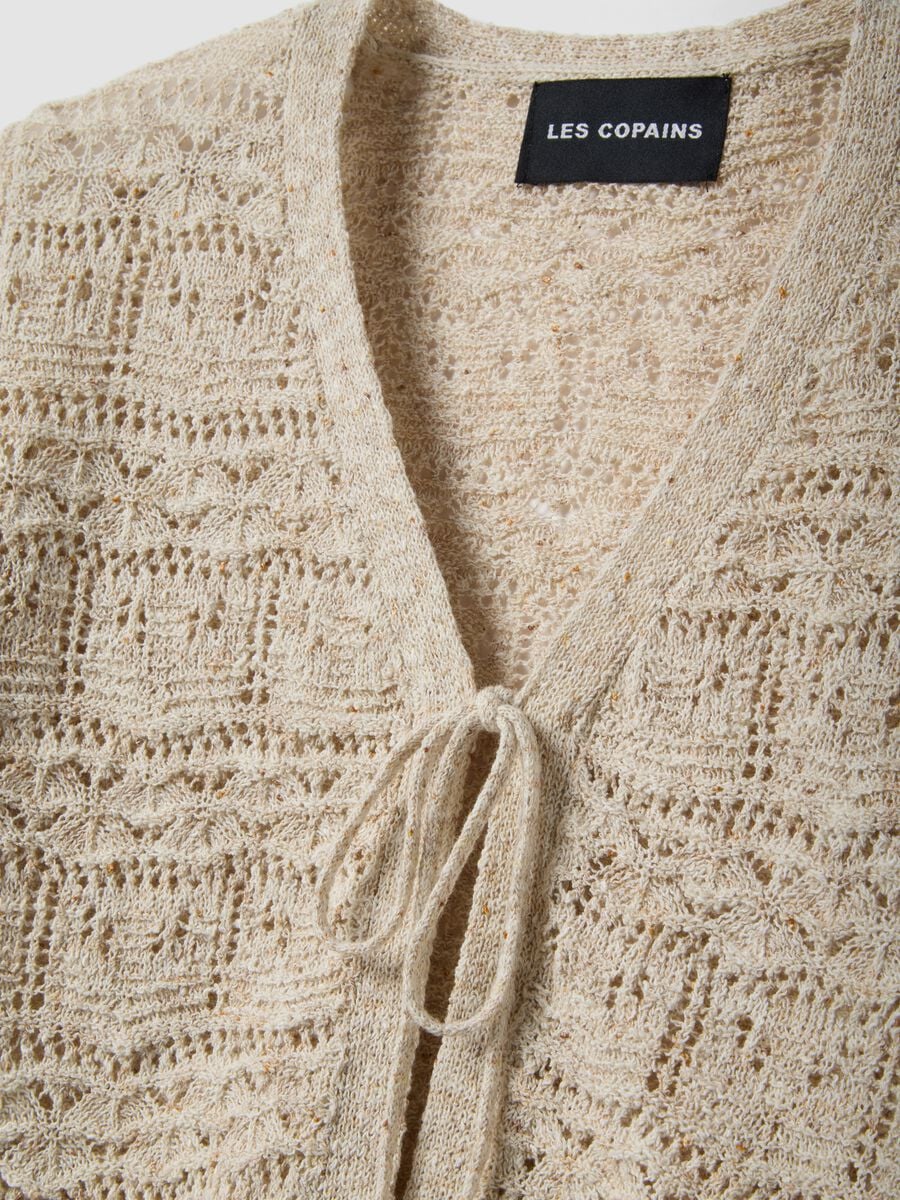 Cardigan beige in stile crochet di misto cotone e lino deep V regular fit_5