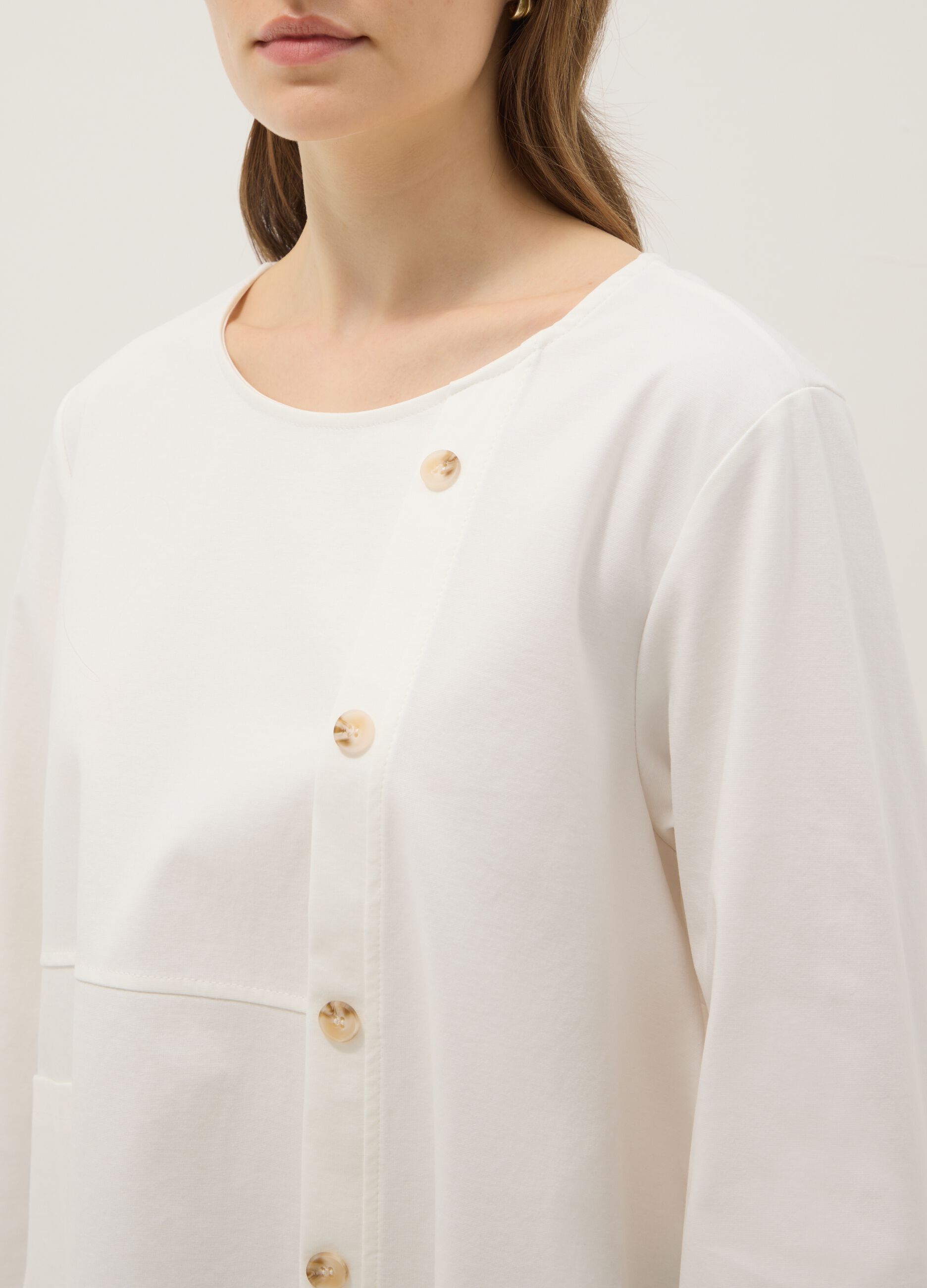 White stretch cotton button-up blouse, regular fit