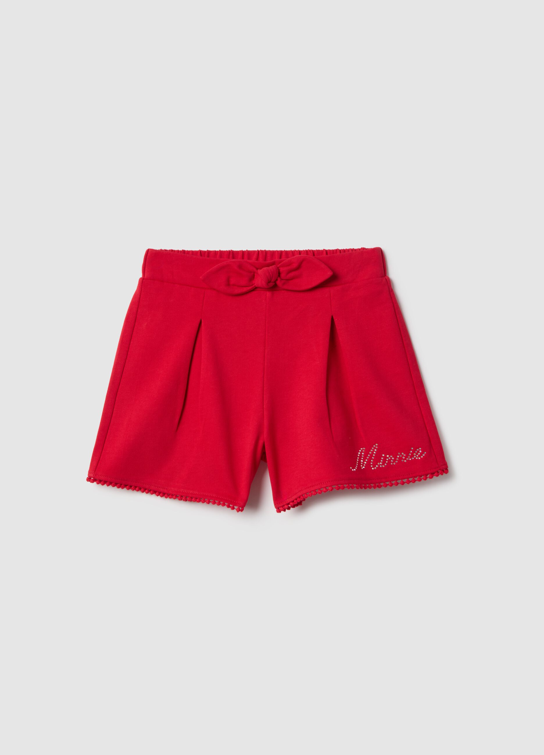 Red pure cotton girls' shorts in regular fit with rhinestones
