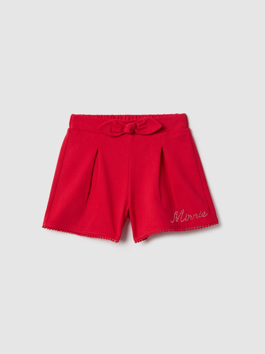Red pure cotton girls' shorts in regular fit with rhinestones_0