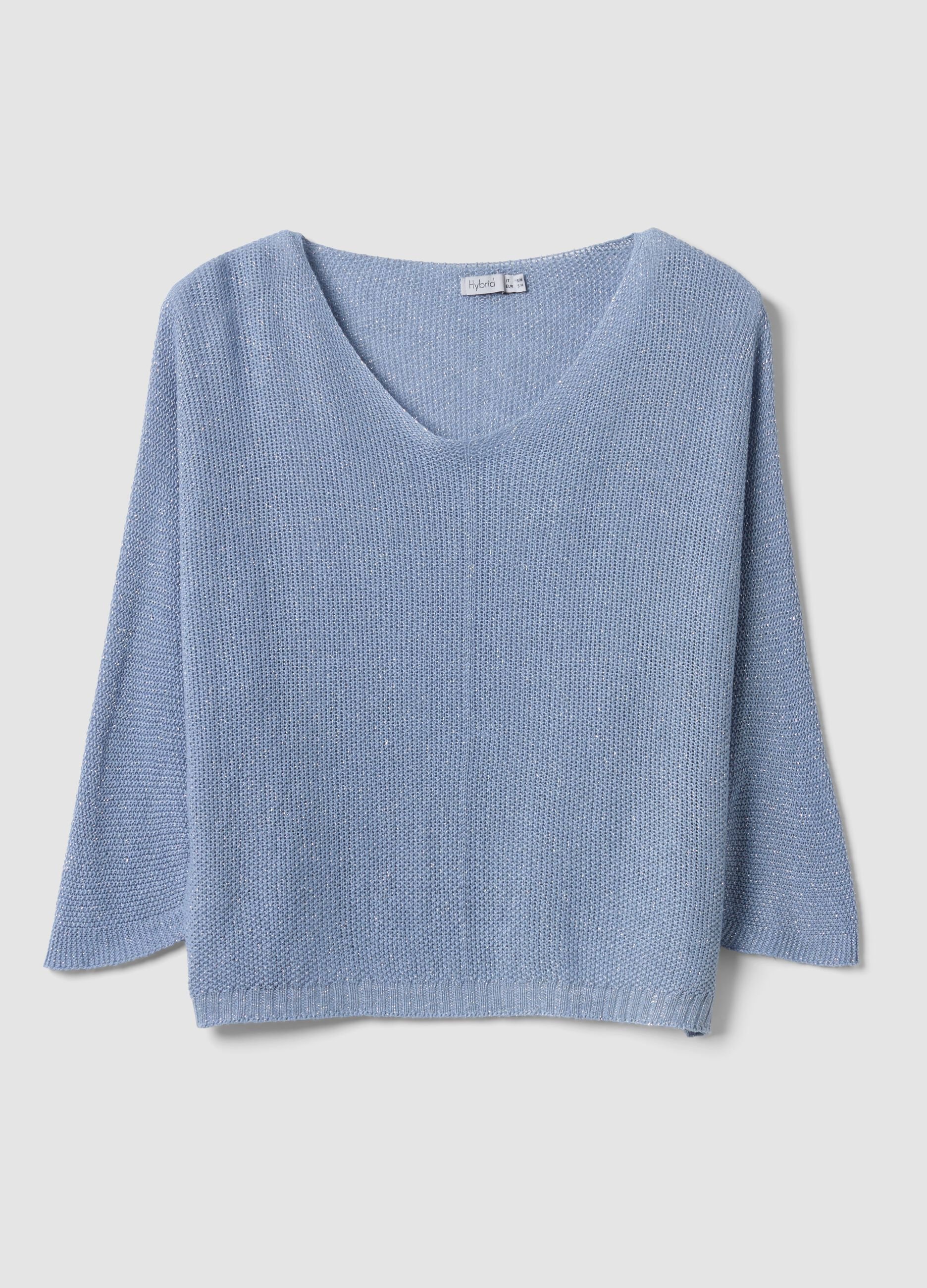 Light blue viscose and linen blend V-neck jumper