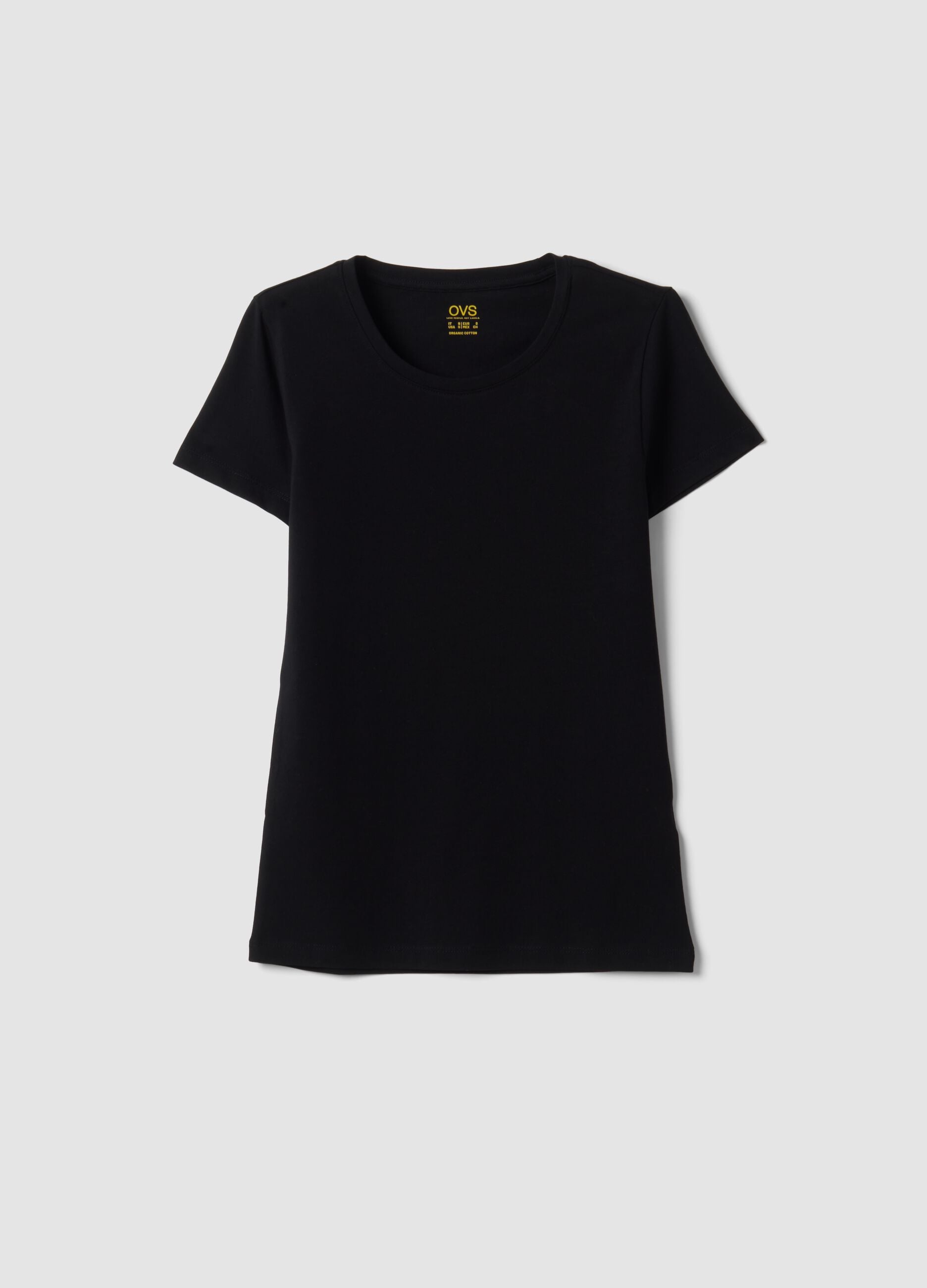 T-shirt nera a maniche corte in cotone organico elasticizzato girocollo