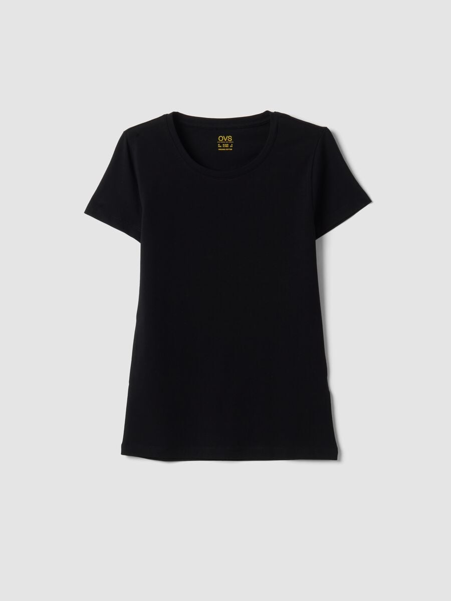 T-shirt nera a maniche corte in cotone organico elasticizzato girocollo_4