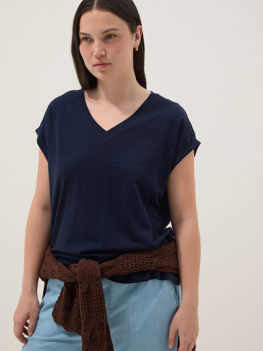 Short-sleeve pure cotton blue V-neck regular fit T-shirt_0