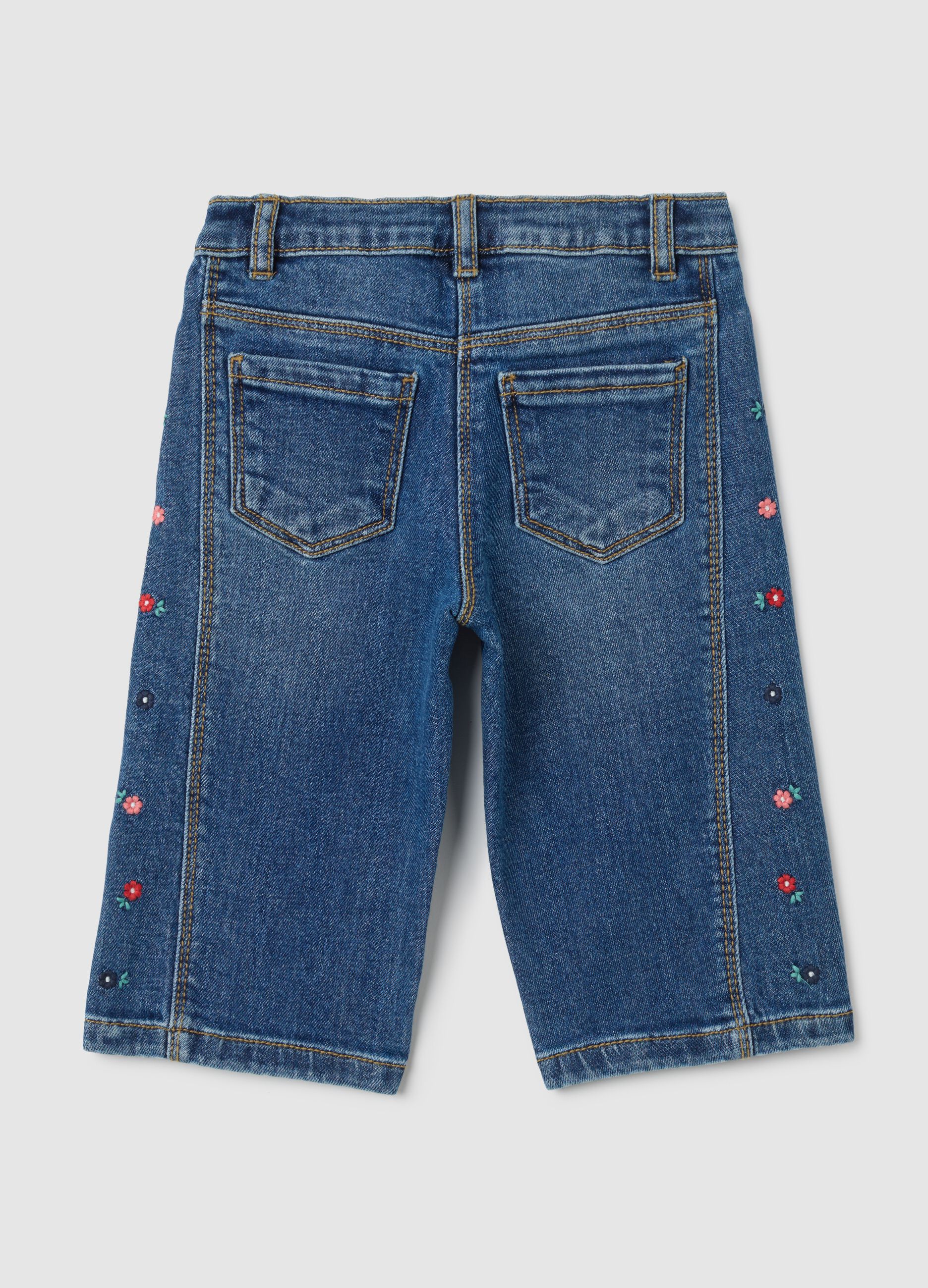 Girls' wide leg blue denim jeans with embroidery