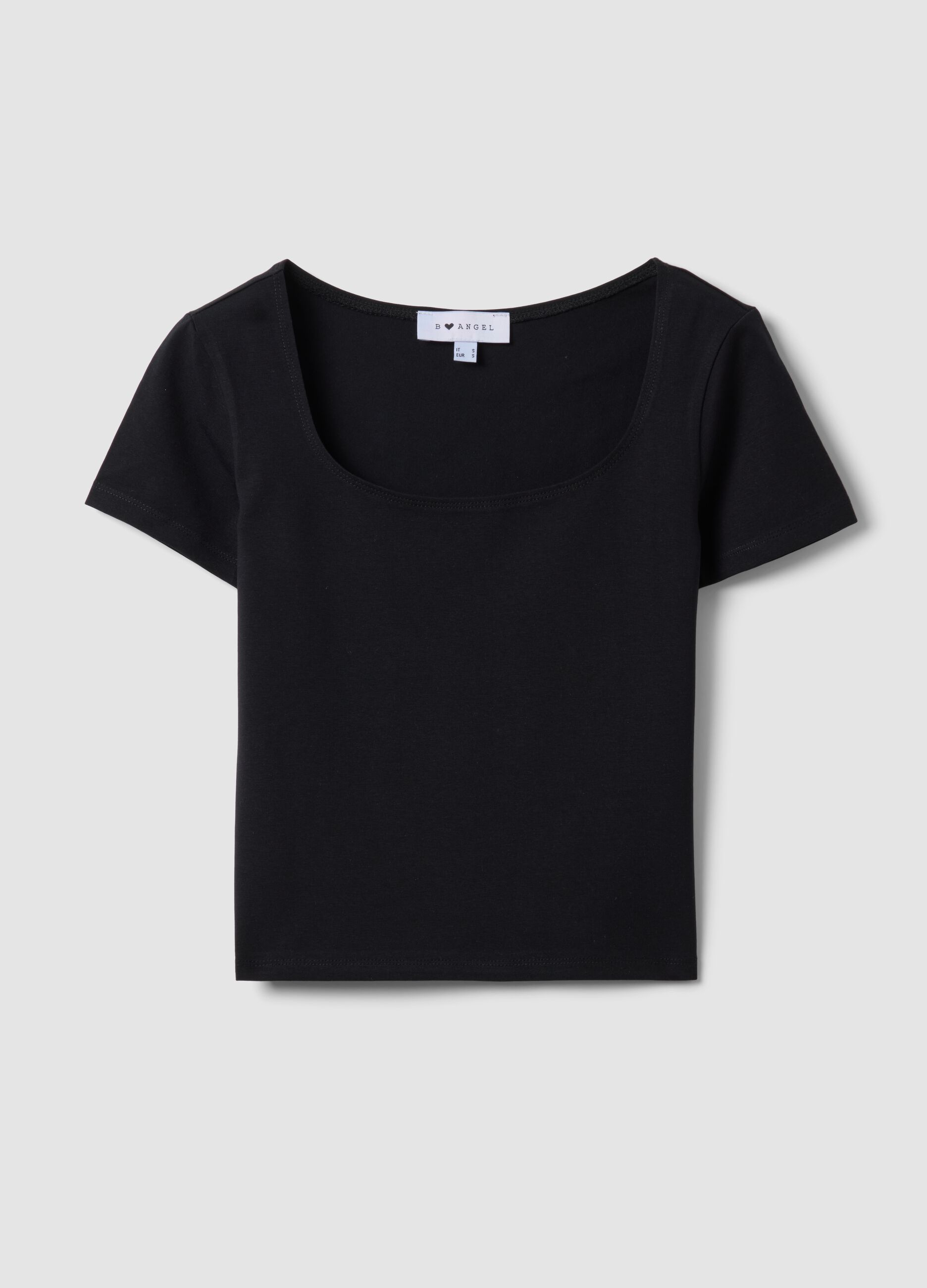 Black stretch cotton T-shirt with square neckline