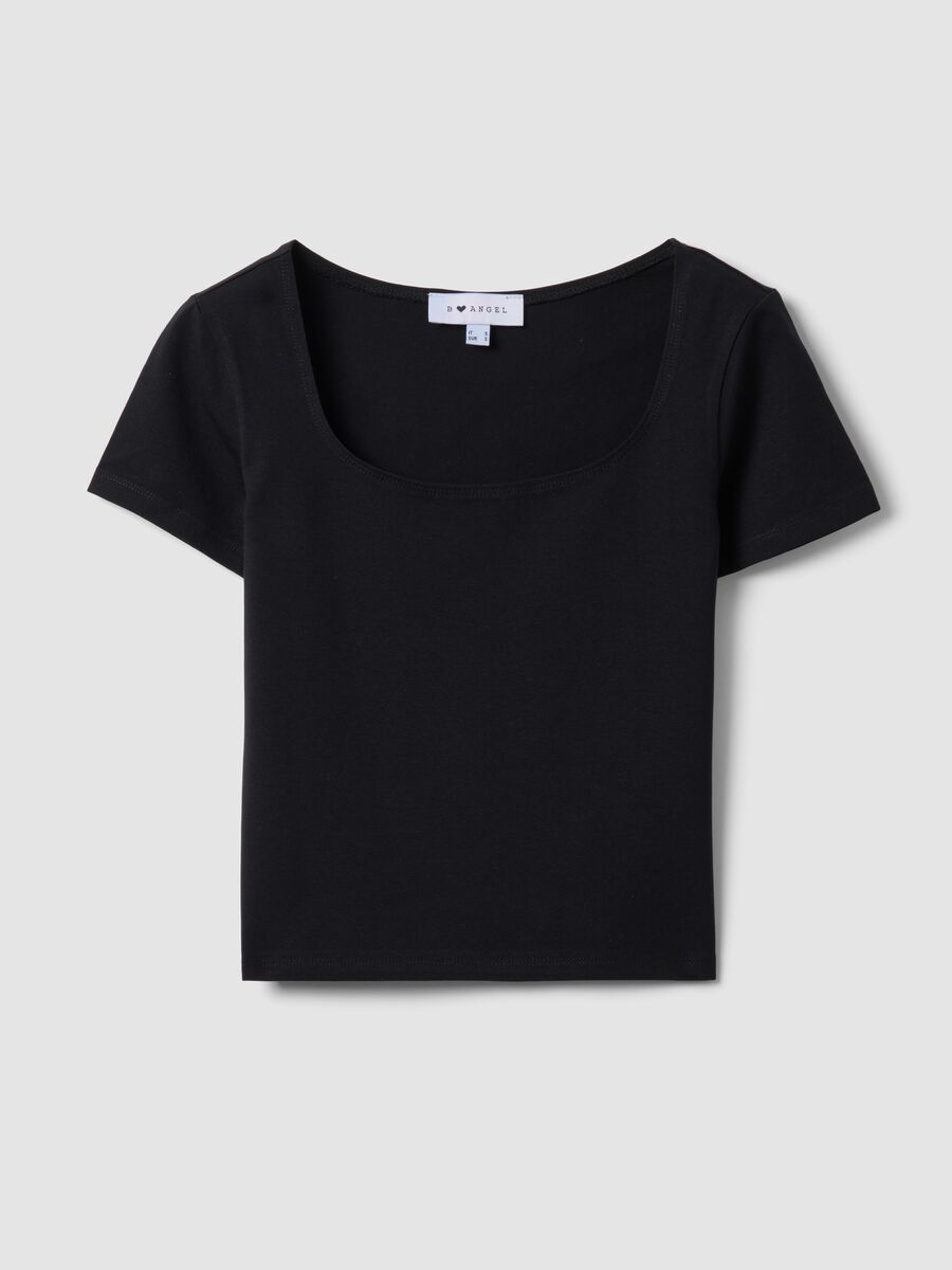 Black stretch cotton T-shirt with square neckline_4
