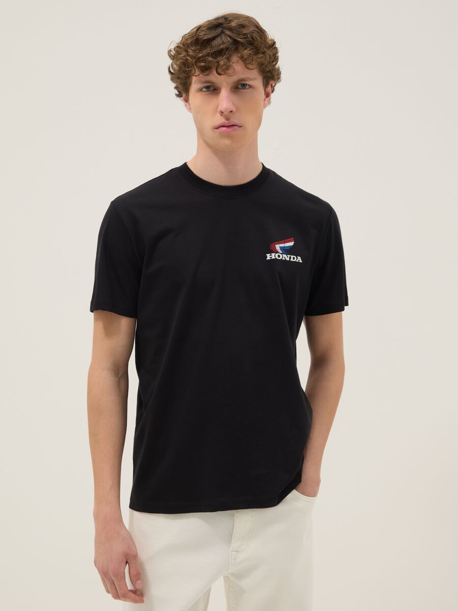 T-shirt nera con stampa in puro cotone regular fit_0