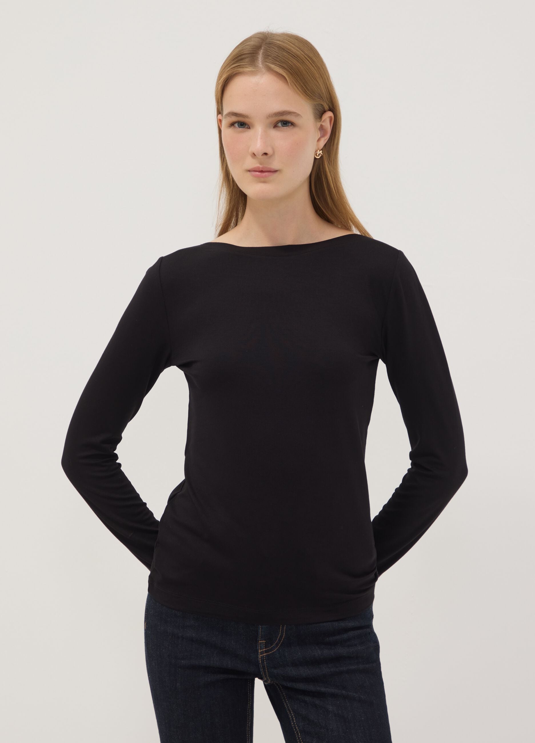 Black stretch viscose long-sleeve T-shirt
