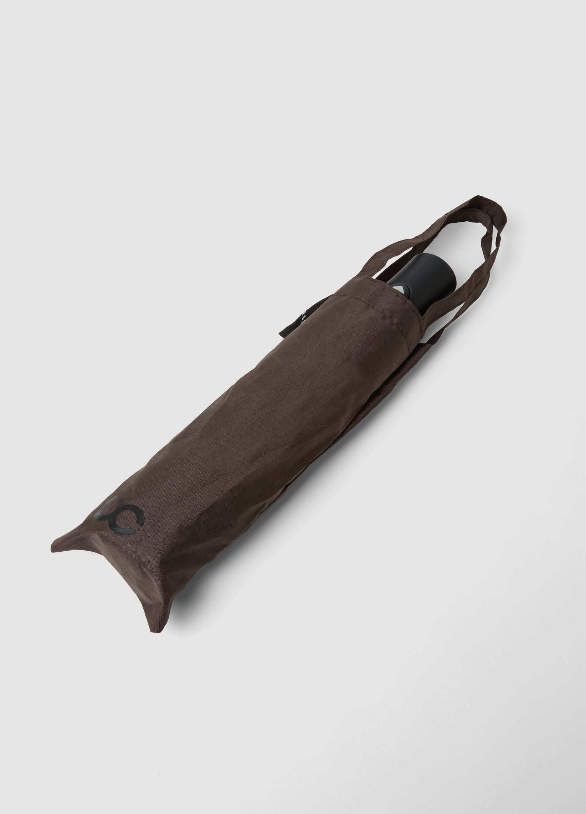 Dark brown folding umbrella with matching sleeve