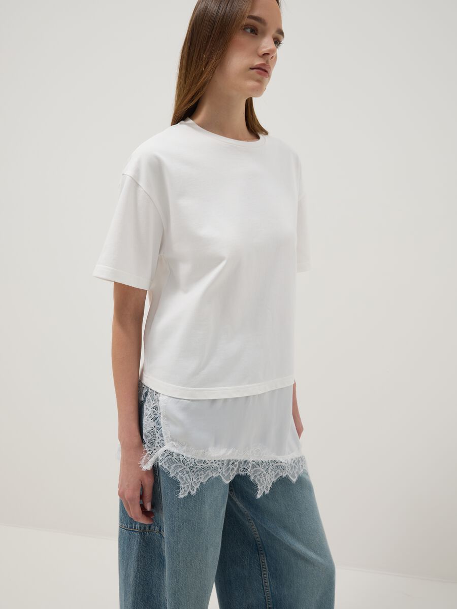 White pure cotton T-shirt with lace insert, relaxed fit_0