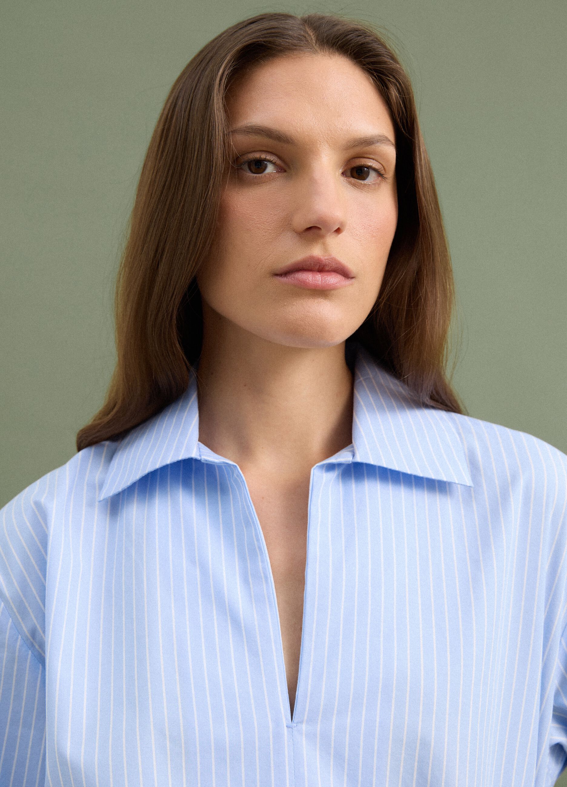 Blue striped pure cotton poplin shirt with V-neck