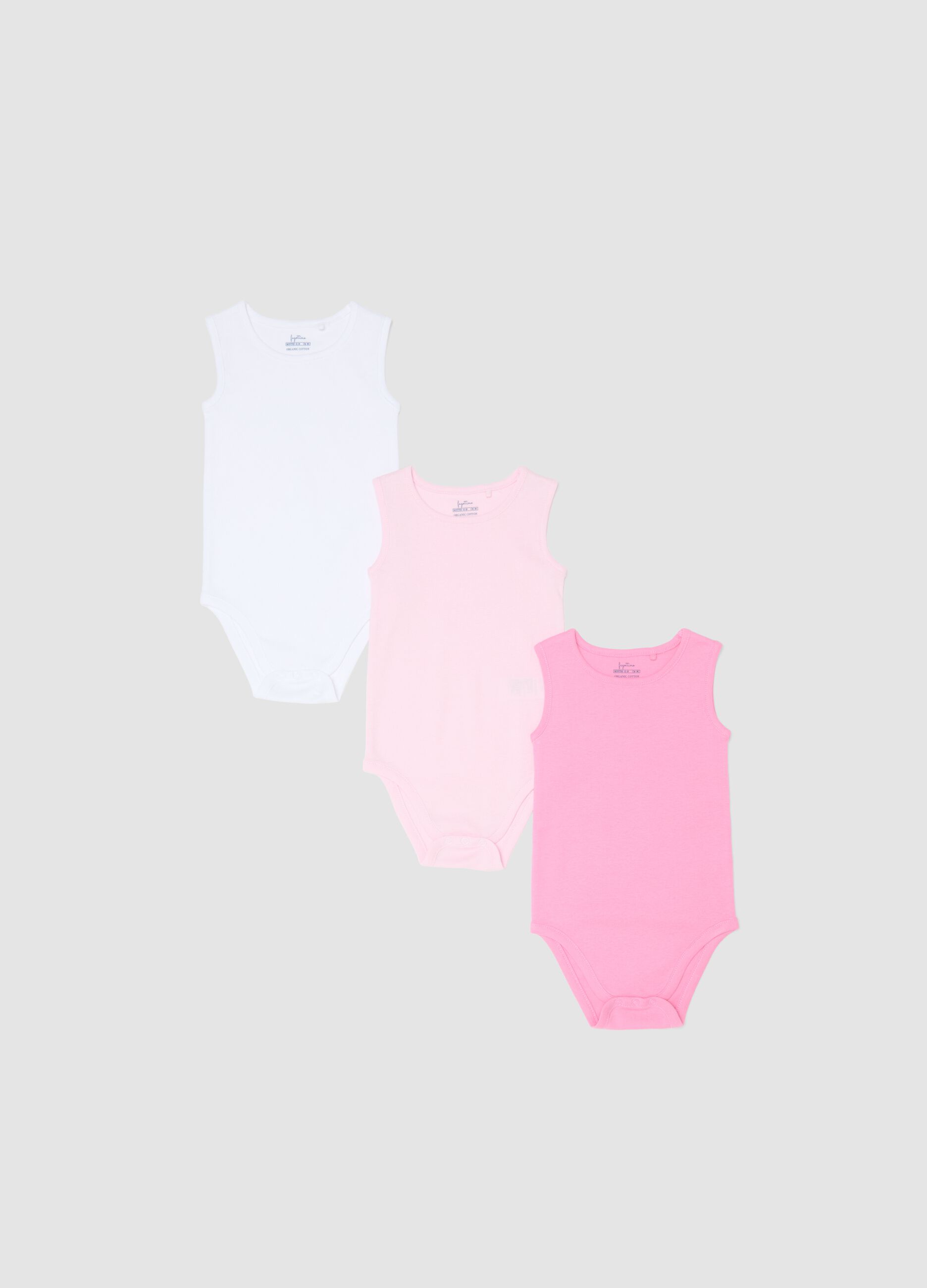 Pack of three sleeveless bodysuits in pure cotton for newborns - multicolour