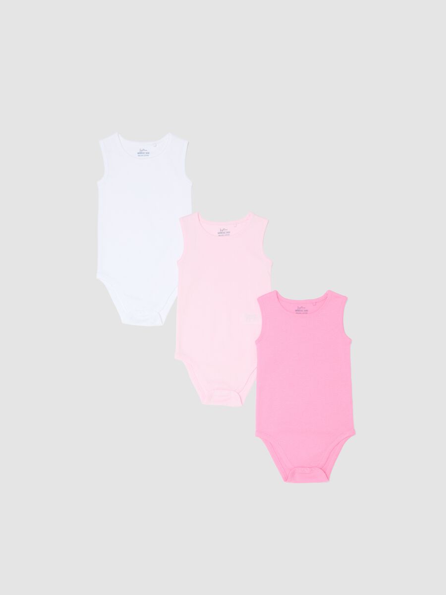 Tripack body senza maniche in puro cotone multicolor da neonata_0