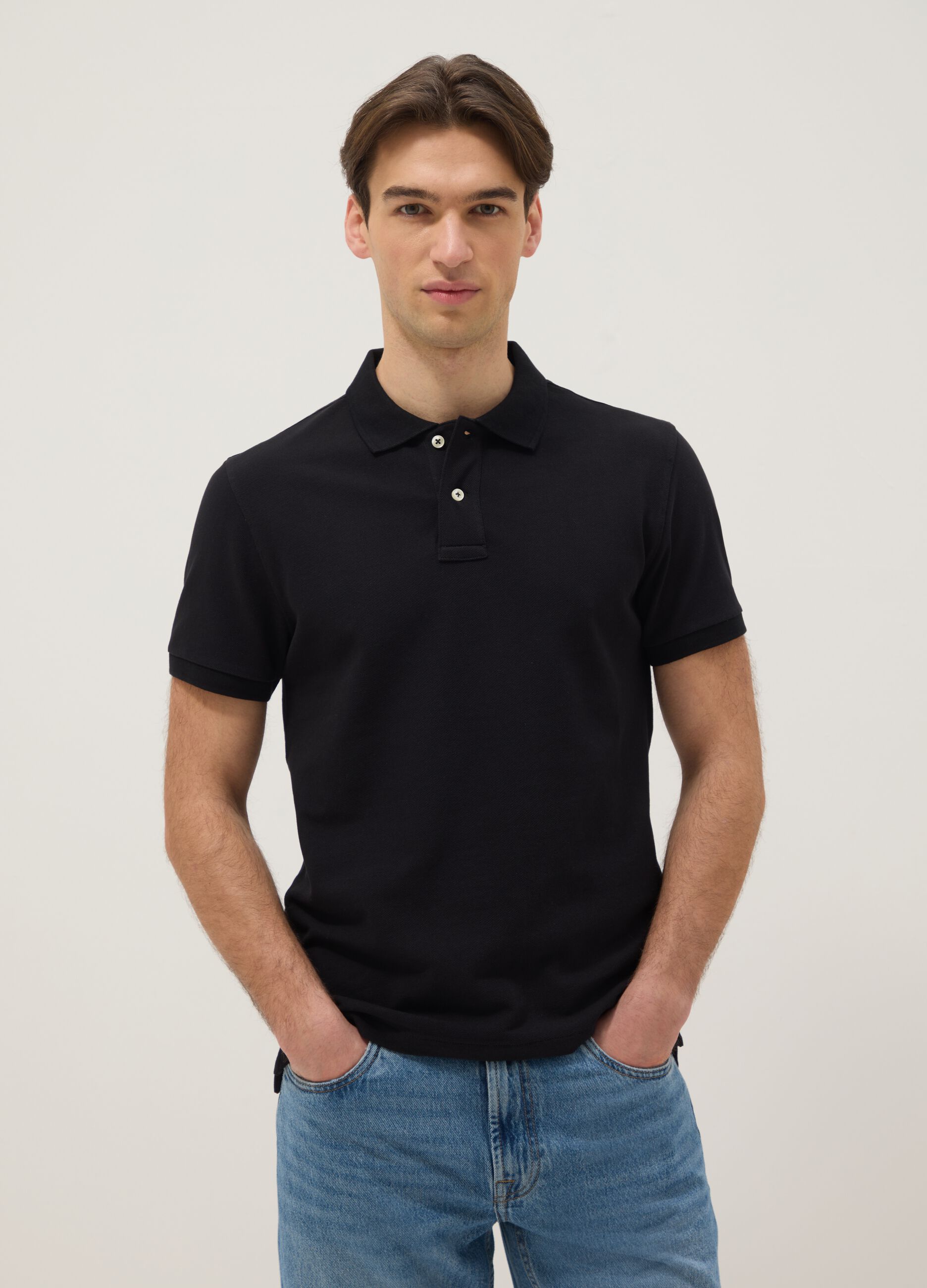 Polo a maniche corte in puro cotone organico nero slim fit