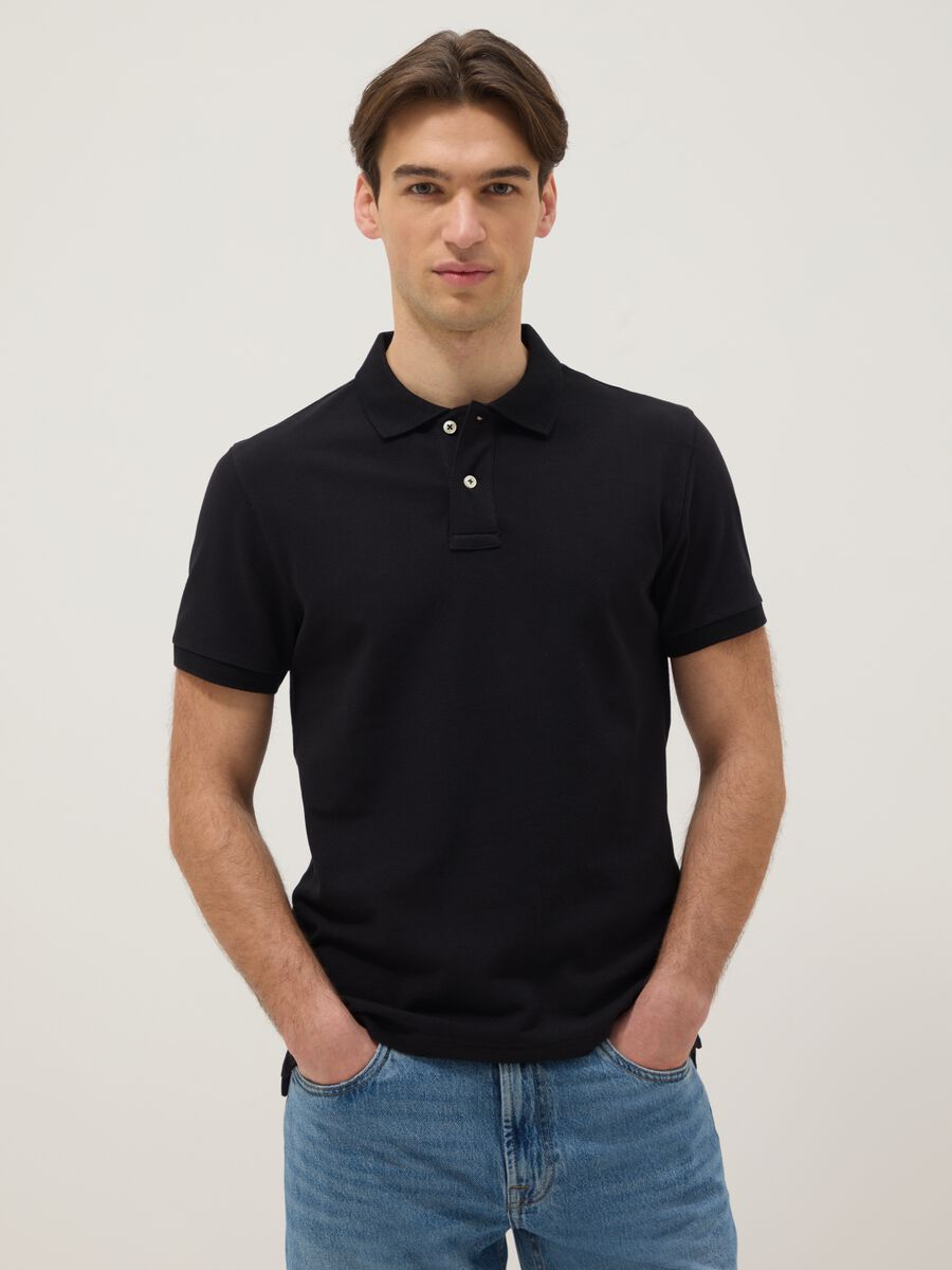 Short sleeve black organic cotton polo shirt, slim fit_0