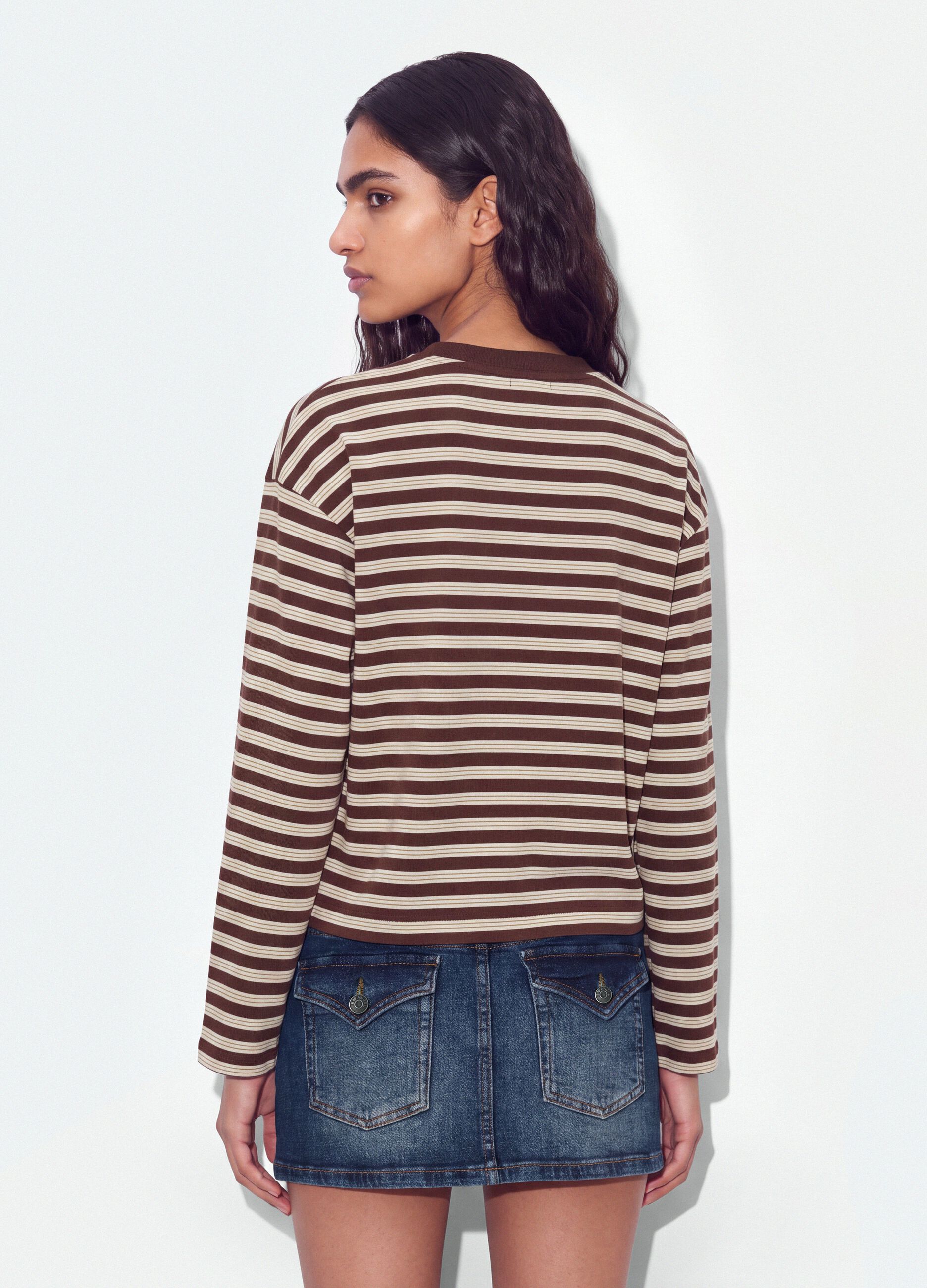 Brown striped pure cotton T-shirt with crew neck, relaxed fit