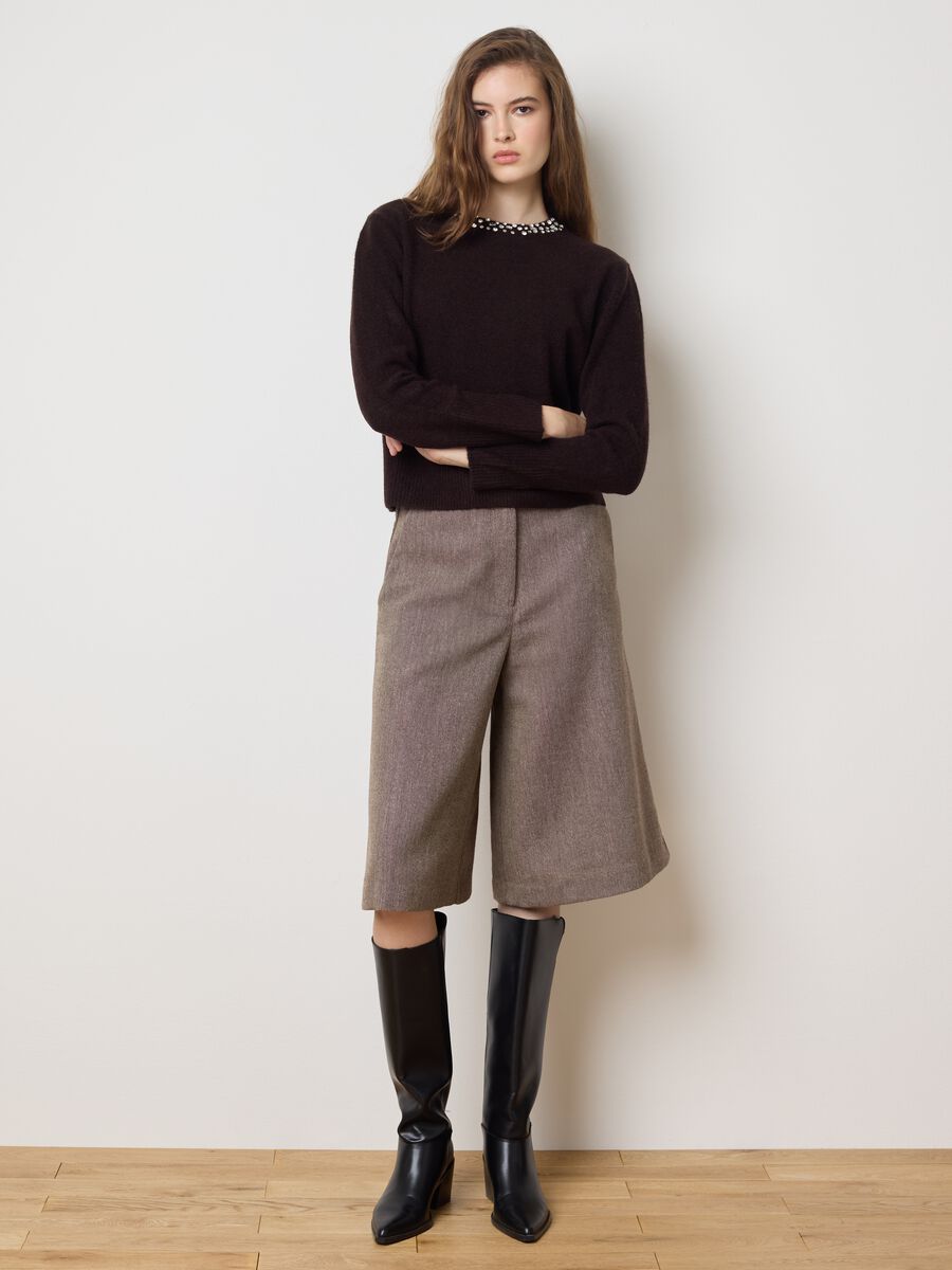 Brown regular fit sweater with jewel neckline_2