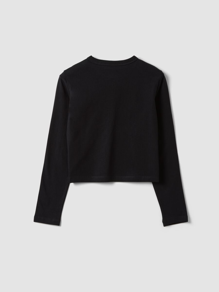 T-shirt nera in puro cotone organico con collo a costine per ragazza_2