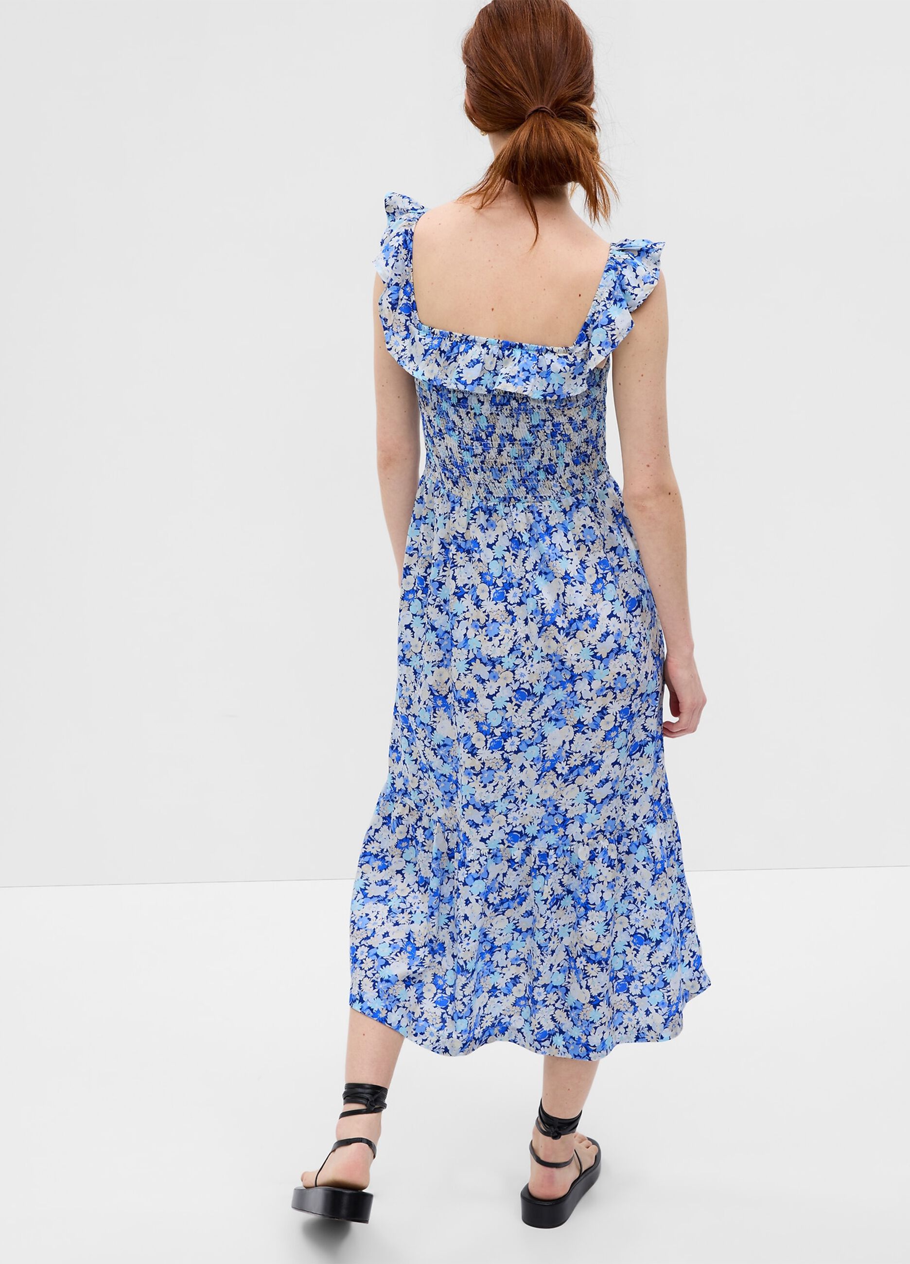 Midi dress with smock stitch and frills