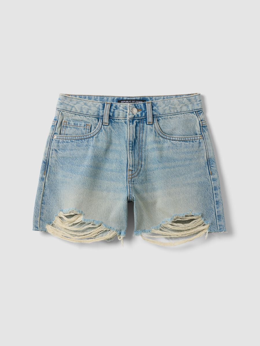 Light blue pure cotton denim shorts with frayed hems_4
