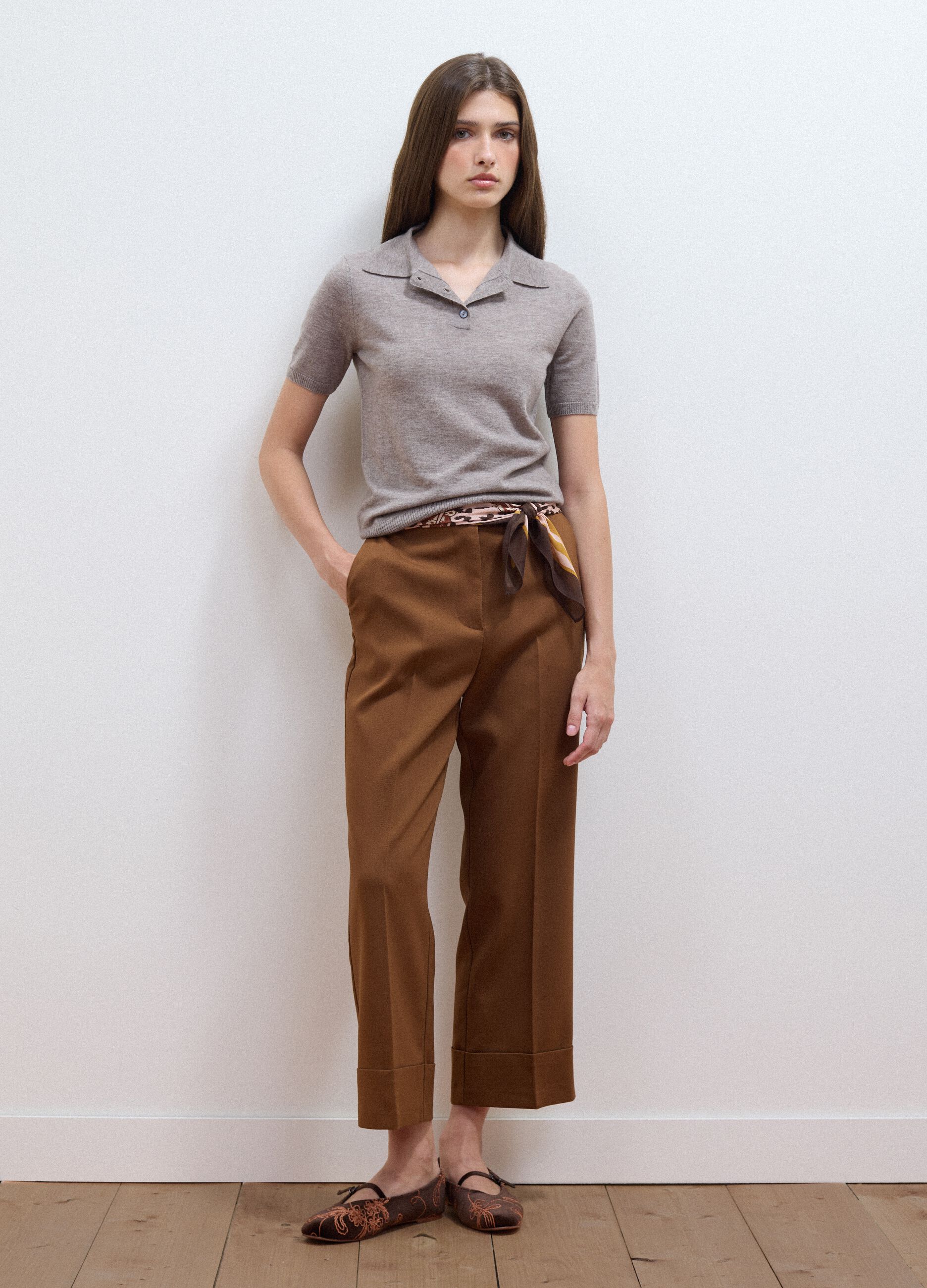 Brown stretch viscose formal trousers, straight fit