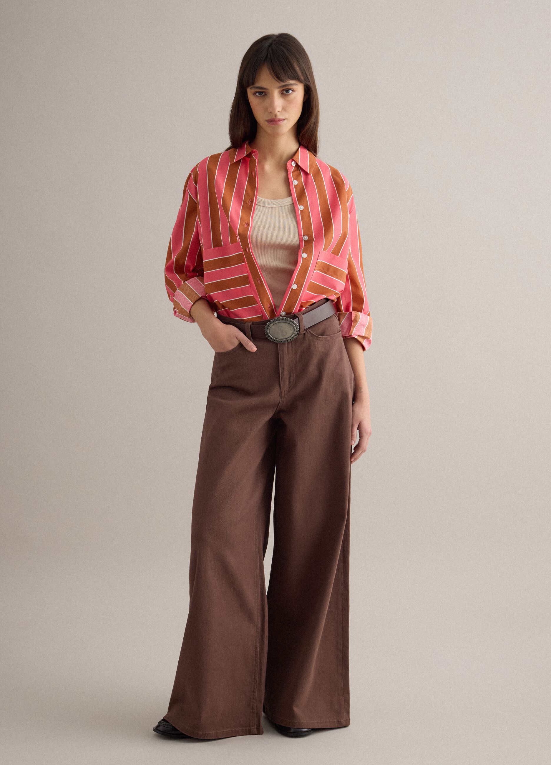 Brown stretch cotton flare trousers