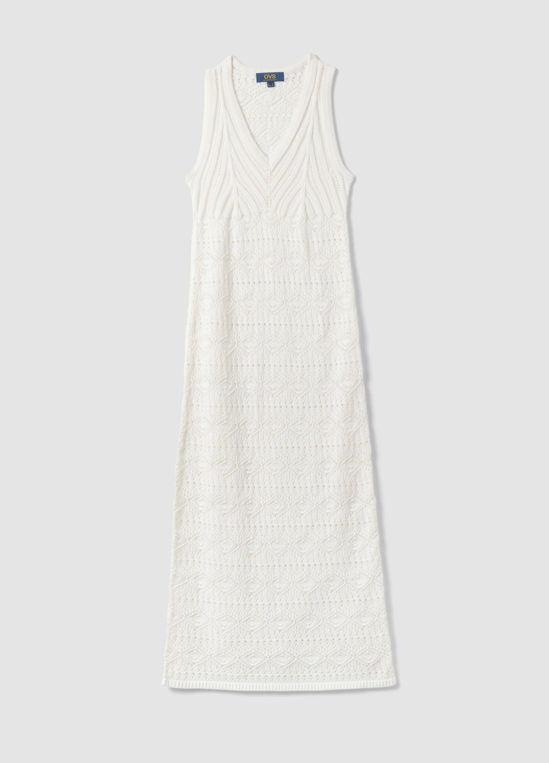 White pure cotton slim-fit dress with broderie detail and deep V-neck