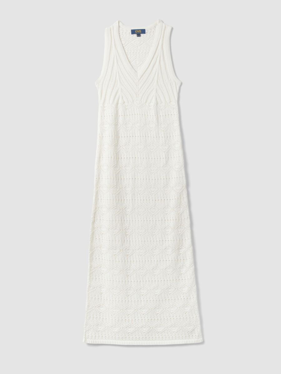 Vestito in puro cotone bianco slim fit con design traforato deep V_4