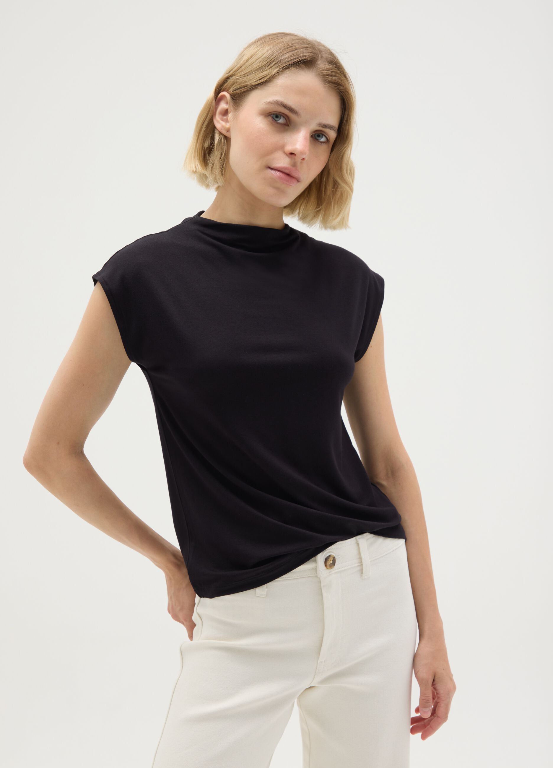 Black viscose blend top in relaxed fit