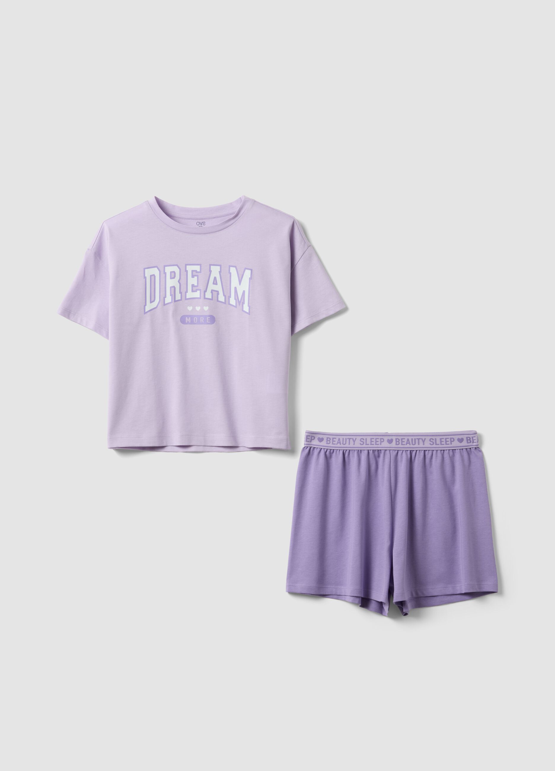 Girls&rsquo; purple short pyjamas in 100% organic cotton with slogan