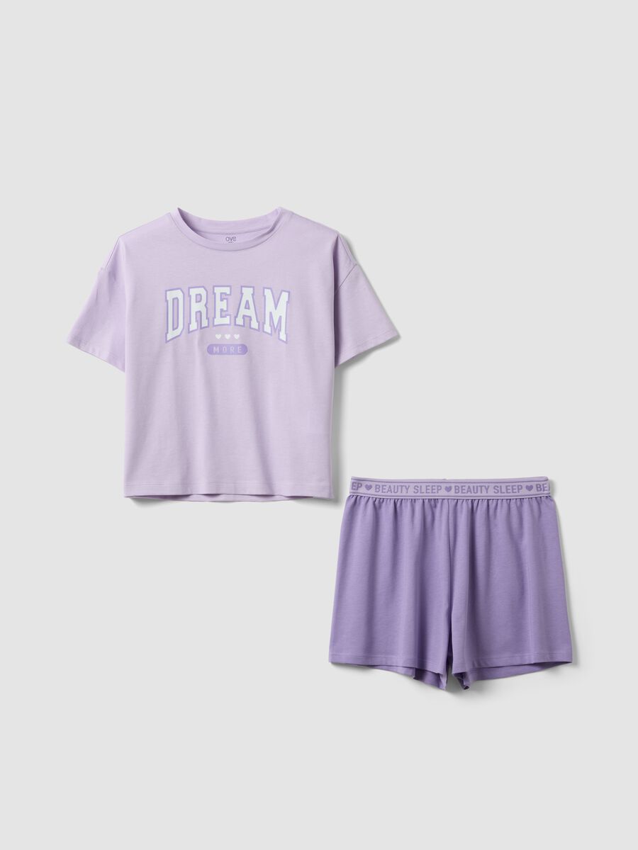 Girls&rsquo; purple short pyjamas in 100% organic cotton with slogan_0