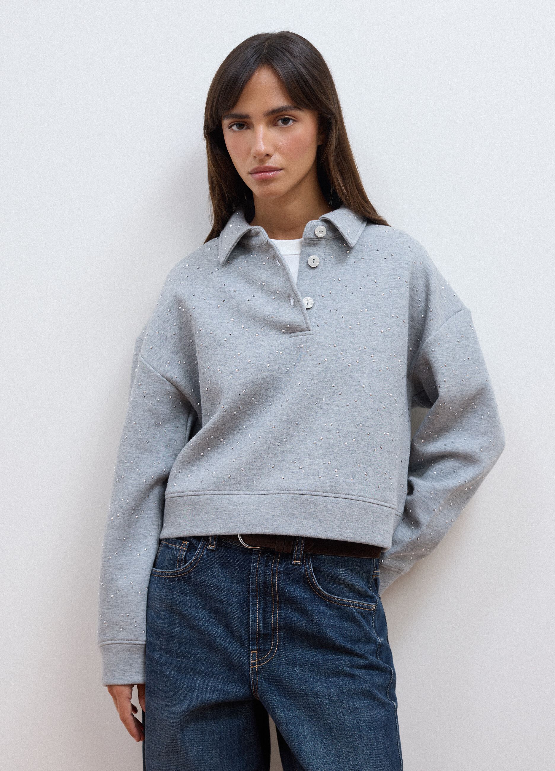 Grey cotton-blend polo with all-over rhinestones, regular fit