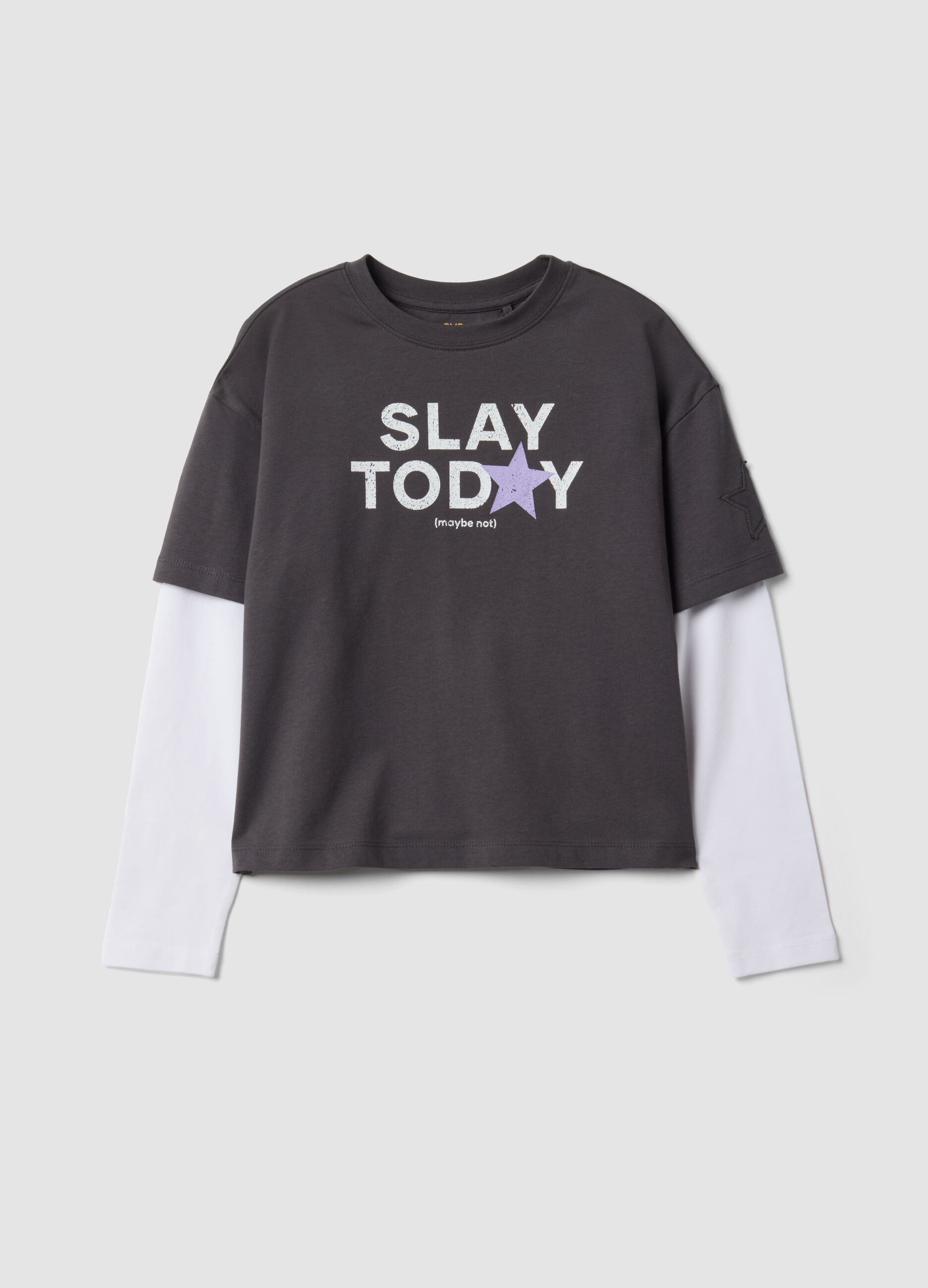Girls&rsquo; grey oversized pure cotton T-shirt with double sleeves