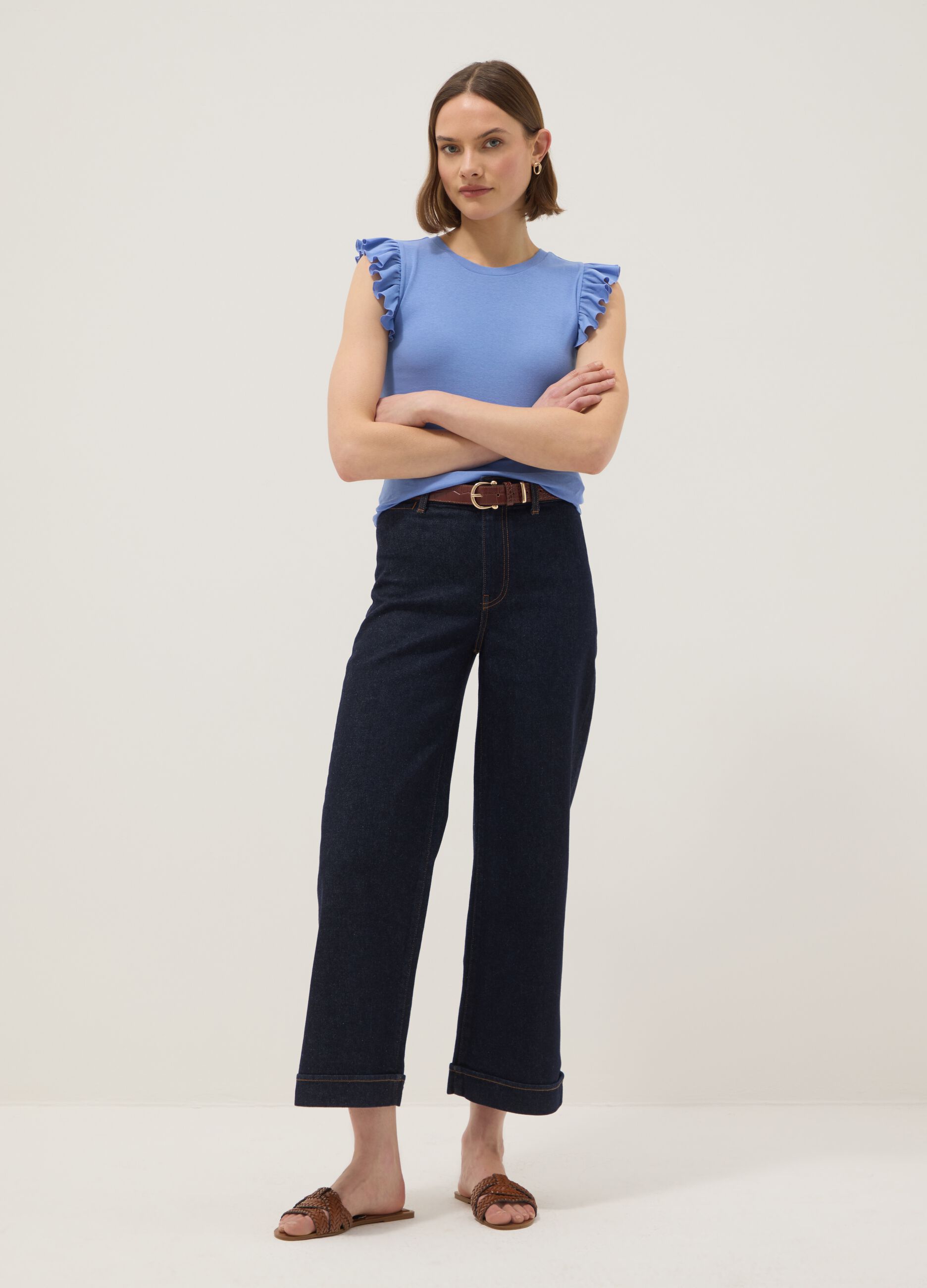 Sky blue slim fit pure cotton T-shirt with ruffles