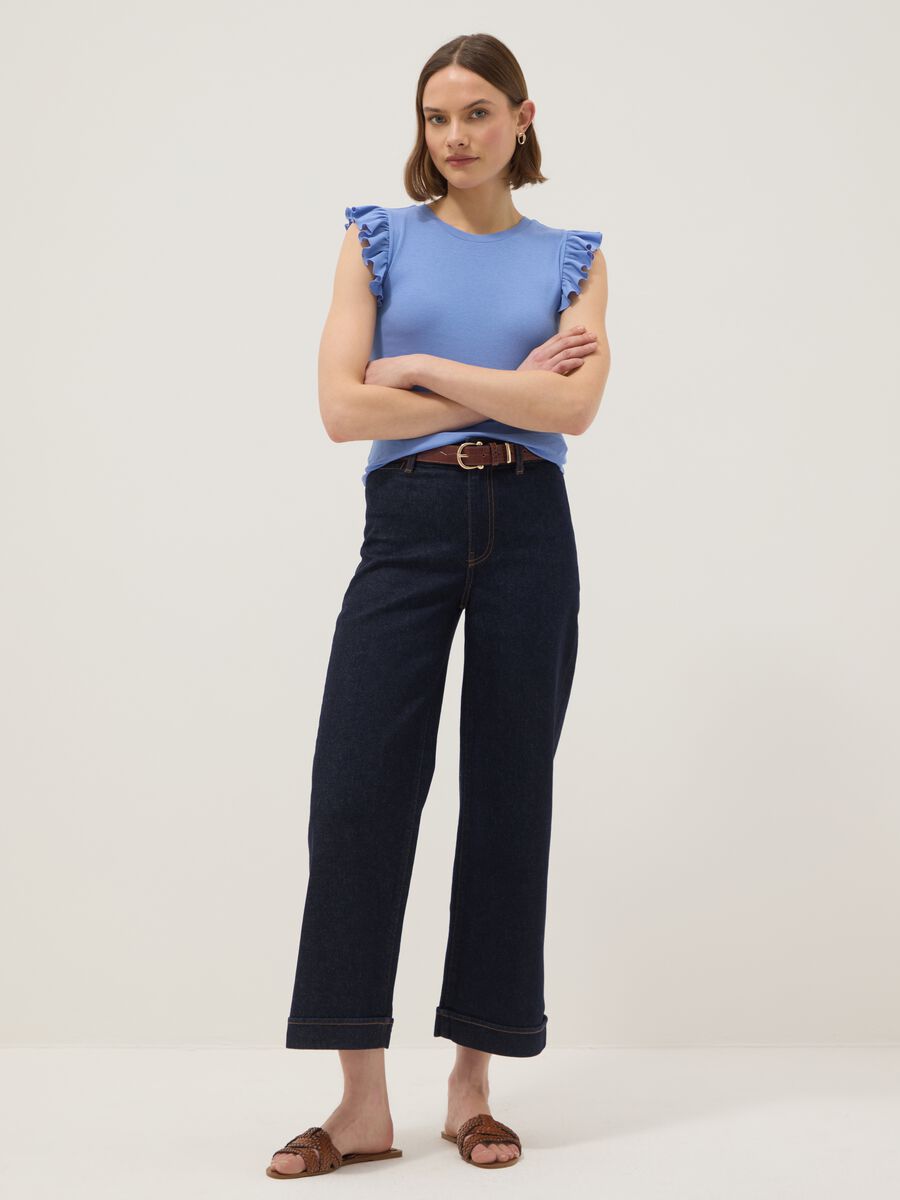 Sky blue slim fit pure cotton T-shirt with ruffles_1