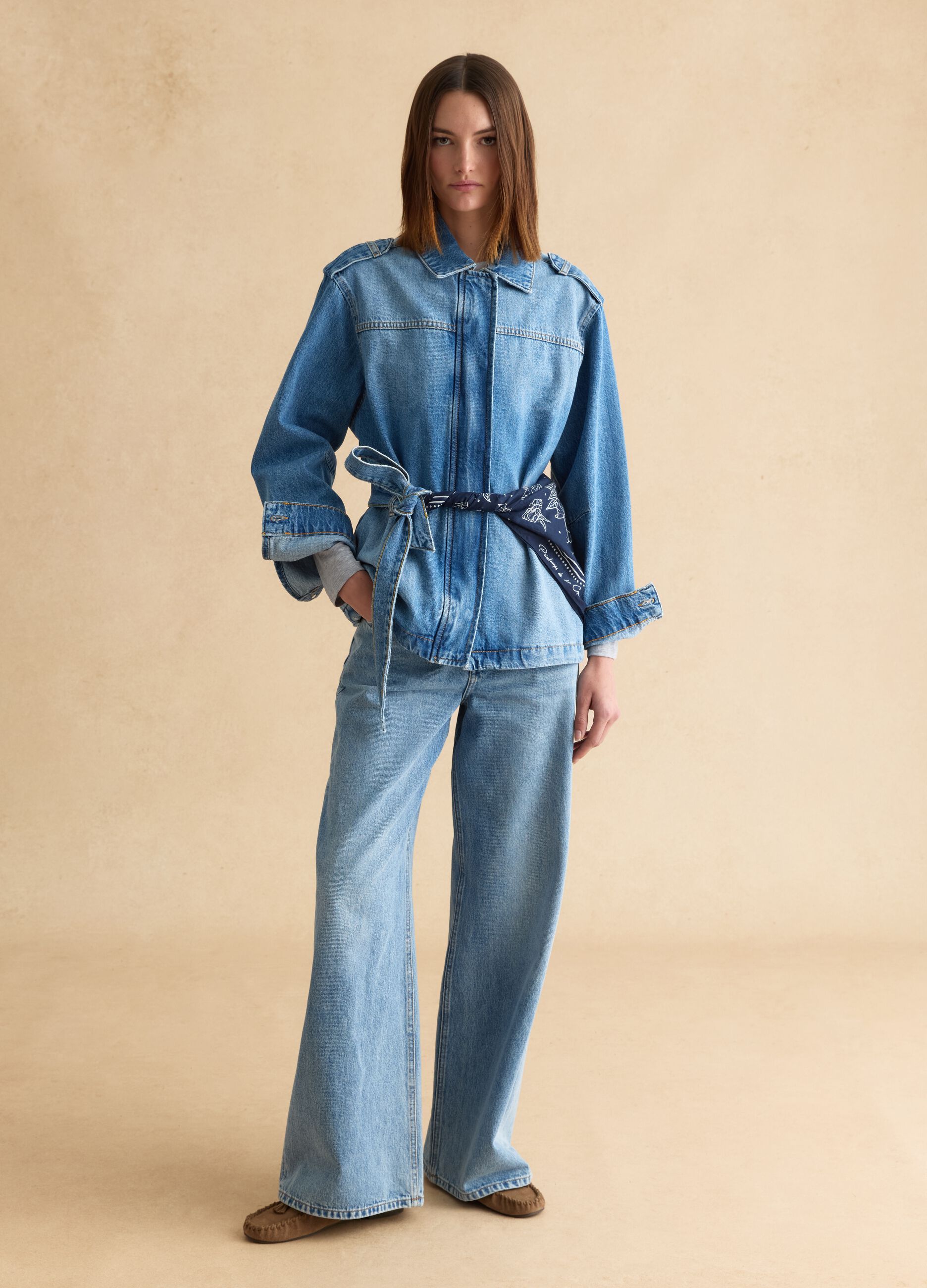 Giacca in puro cotone denim blu regular fit con cintura