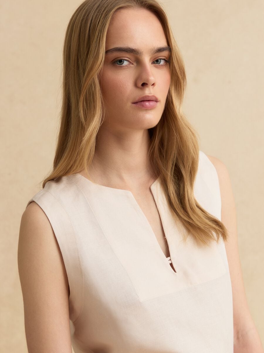 Beige linen-viscose blend top with oversized fit_1