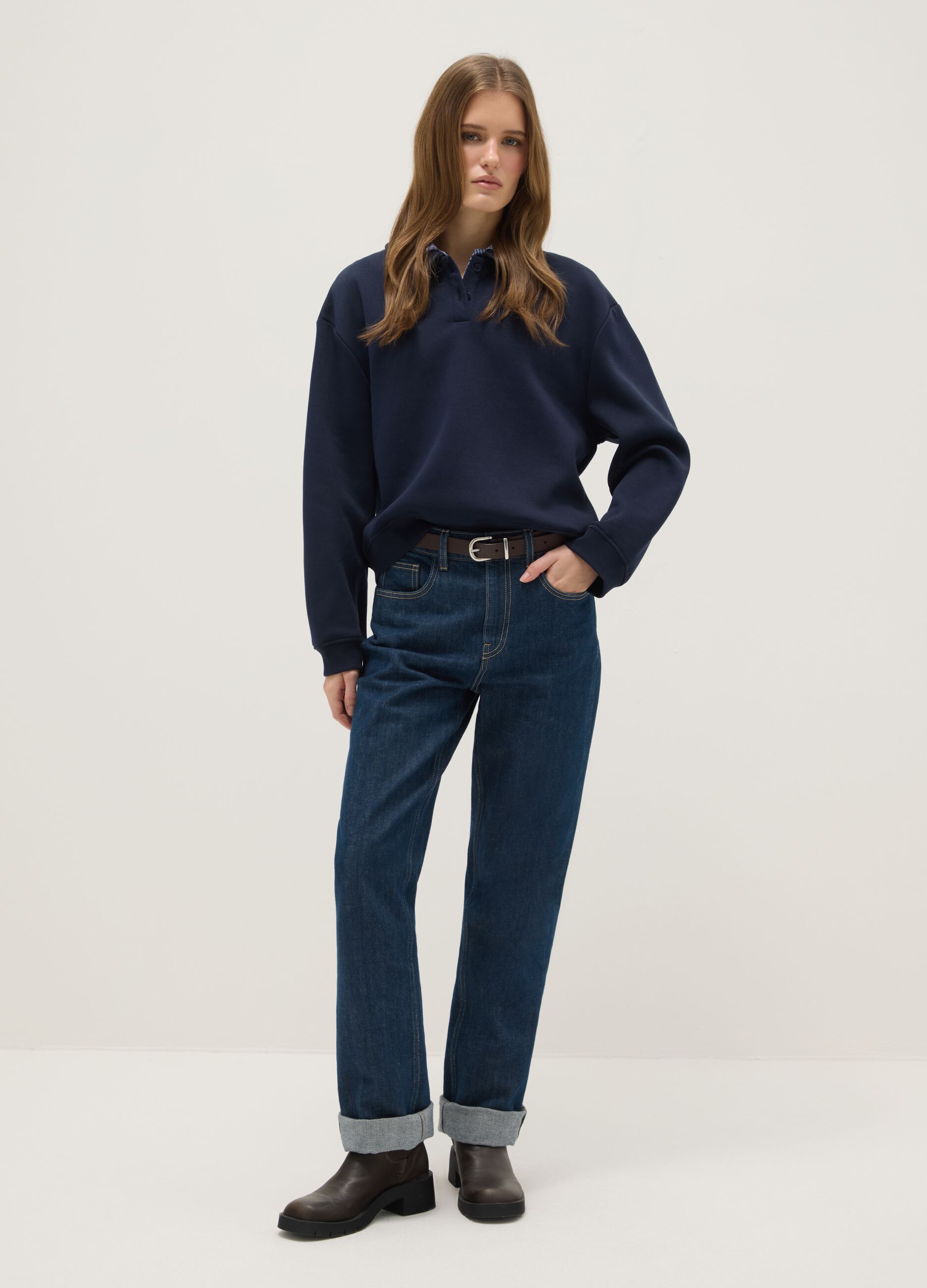 Blue cotton blend jumper with regular fit and contrasting collar