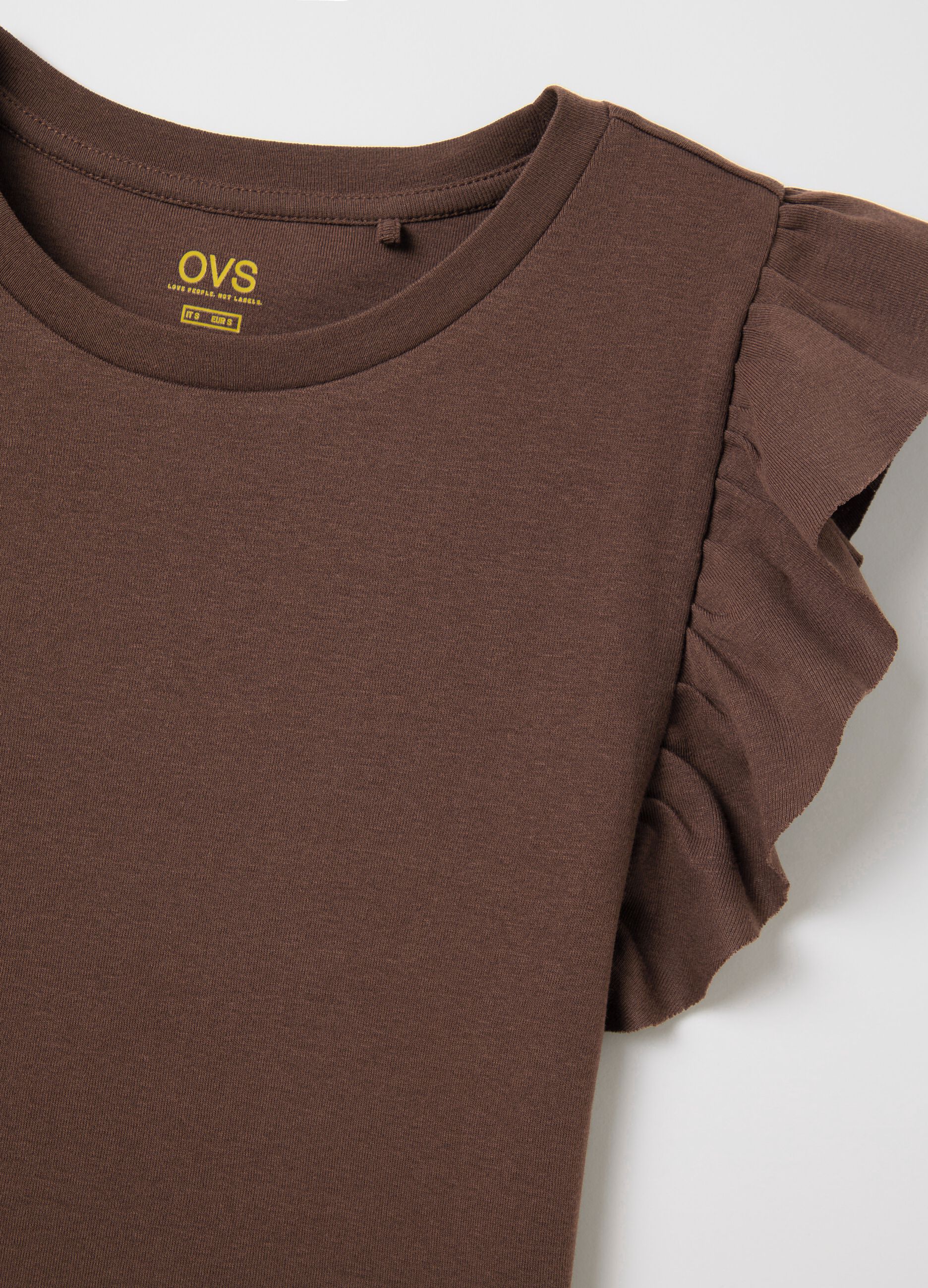 T-shirt da donna in puro cotone marrone regular fit con ruches