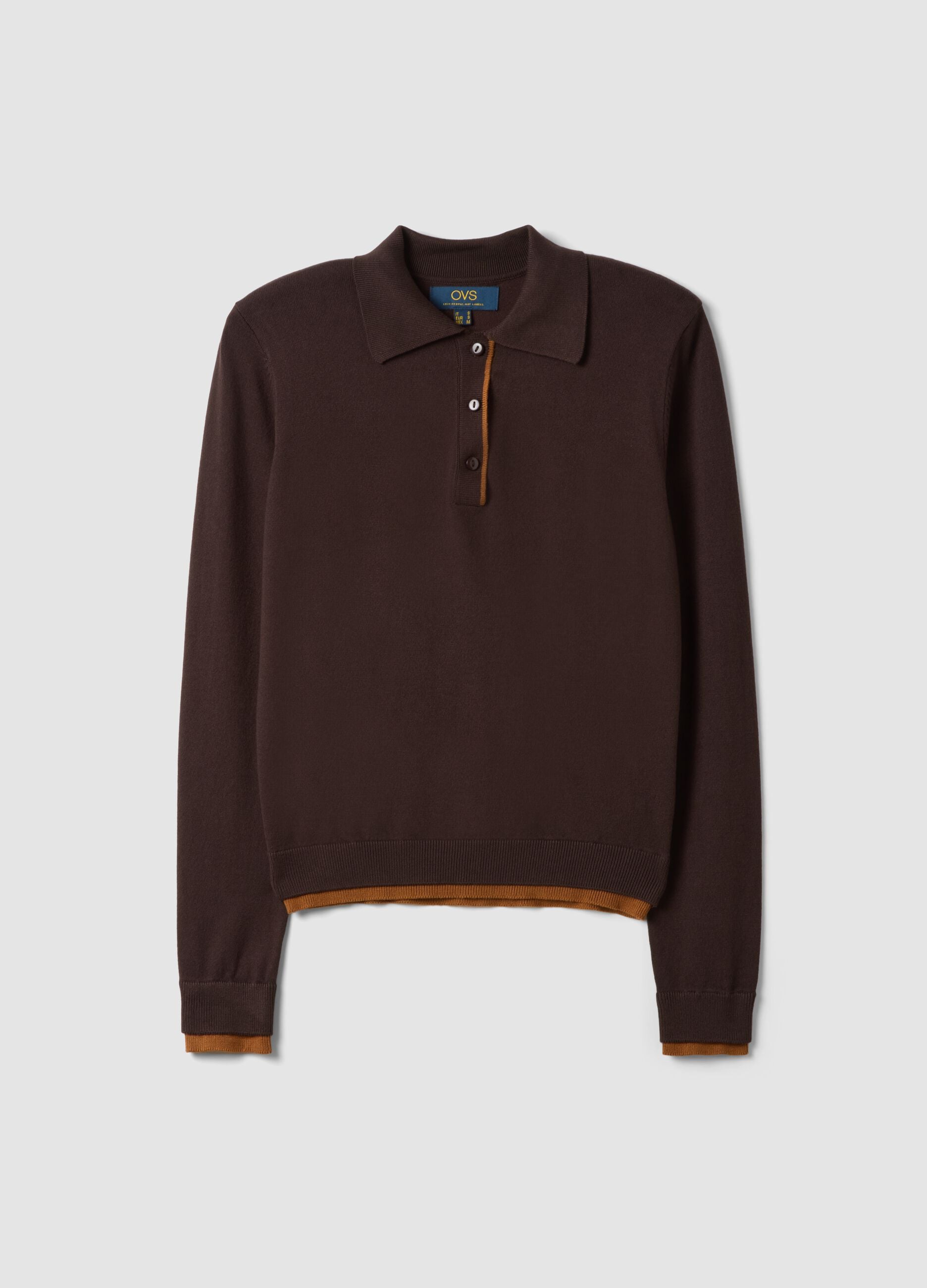 Brown viscose-blend polo-collar jumper, regular fit