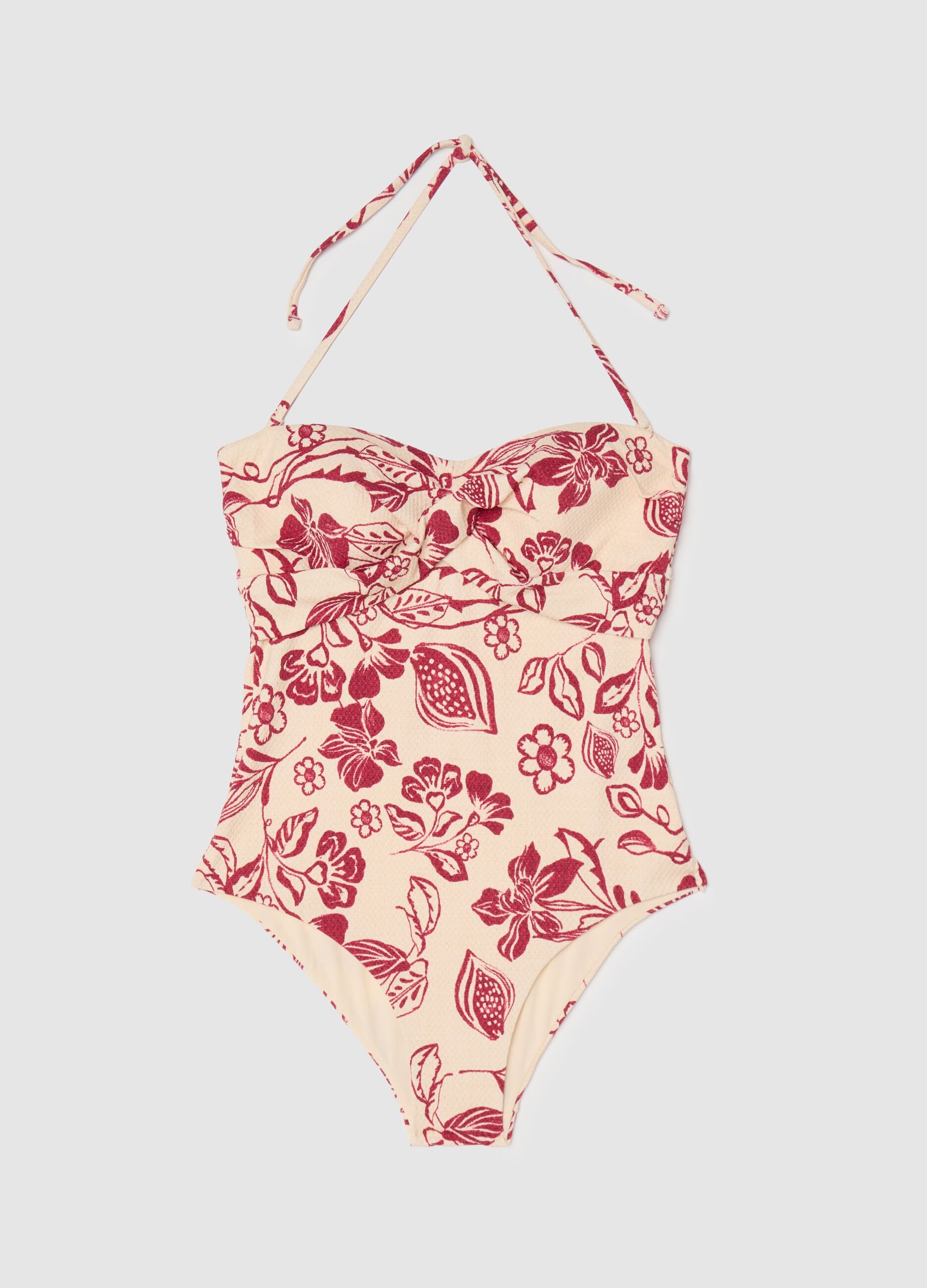Costume da bagno intero floreale panna e rosso