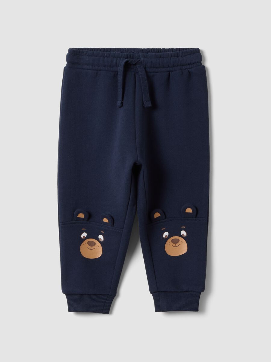 Pantaloni jogger blu in puro cotone con stampa orsetto over fit_0