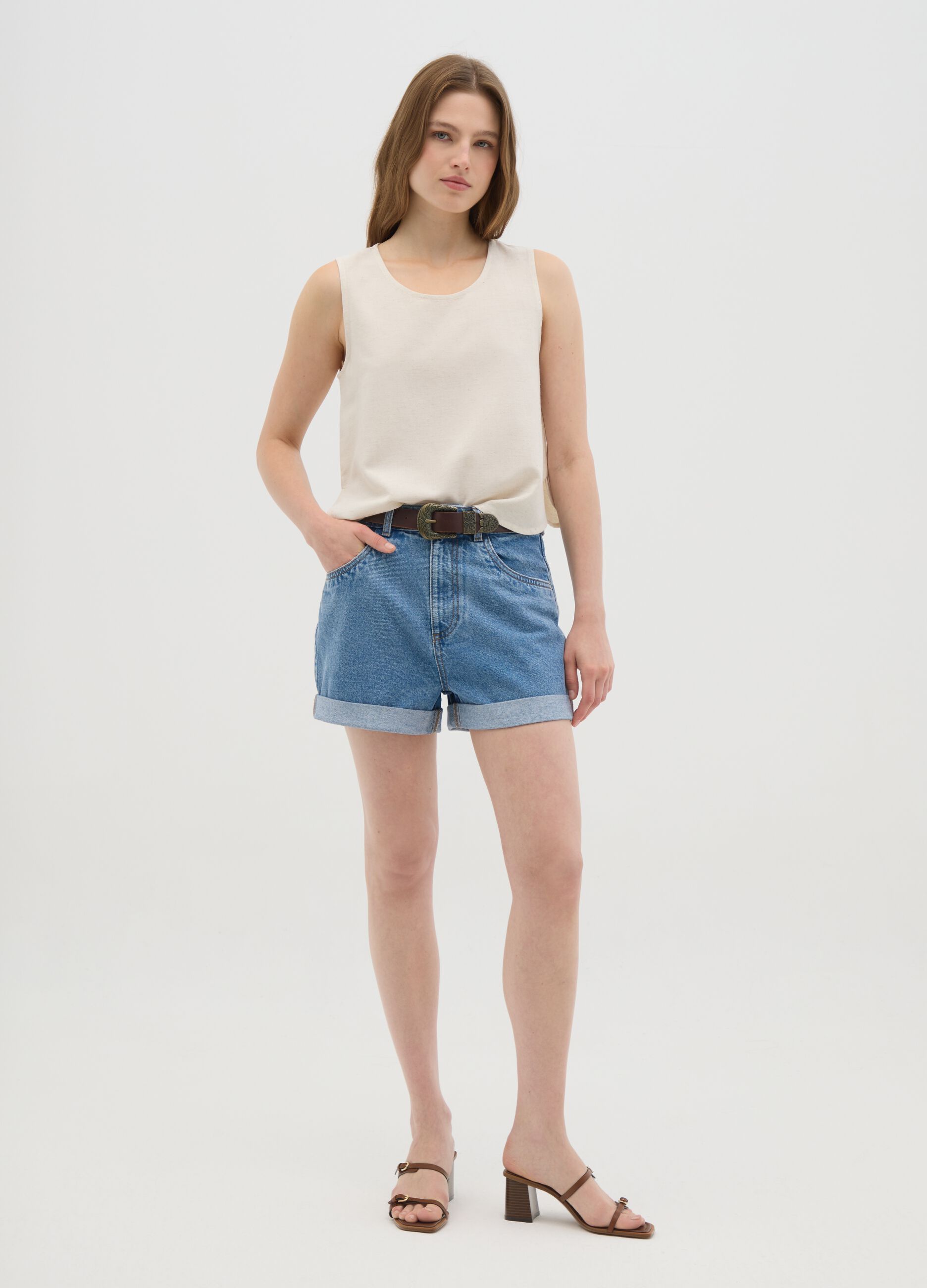 Women's beige cotton blend regular fit tank top