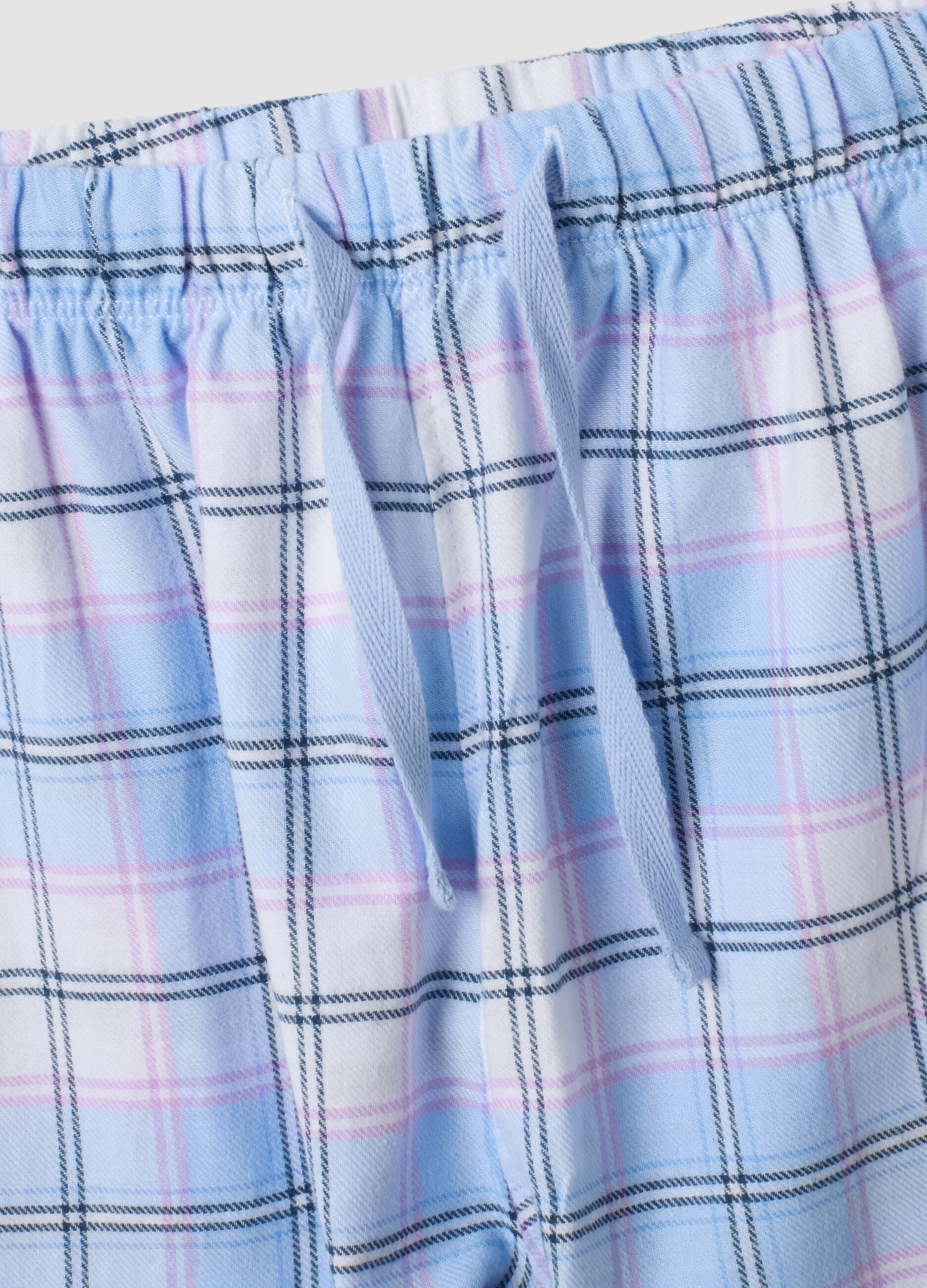 White crew-neck pyjamas in pure organic cotton with checked pattern