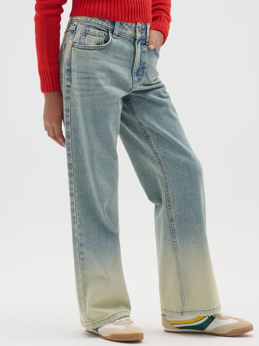 Jeans a gamba larga blu da ragazze in puro cotone denim_2