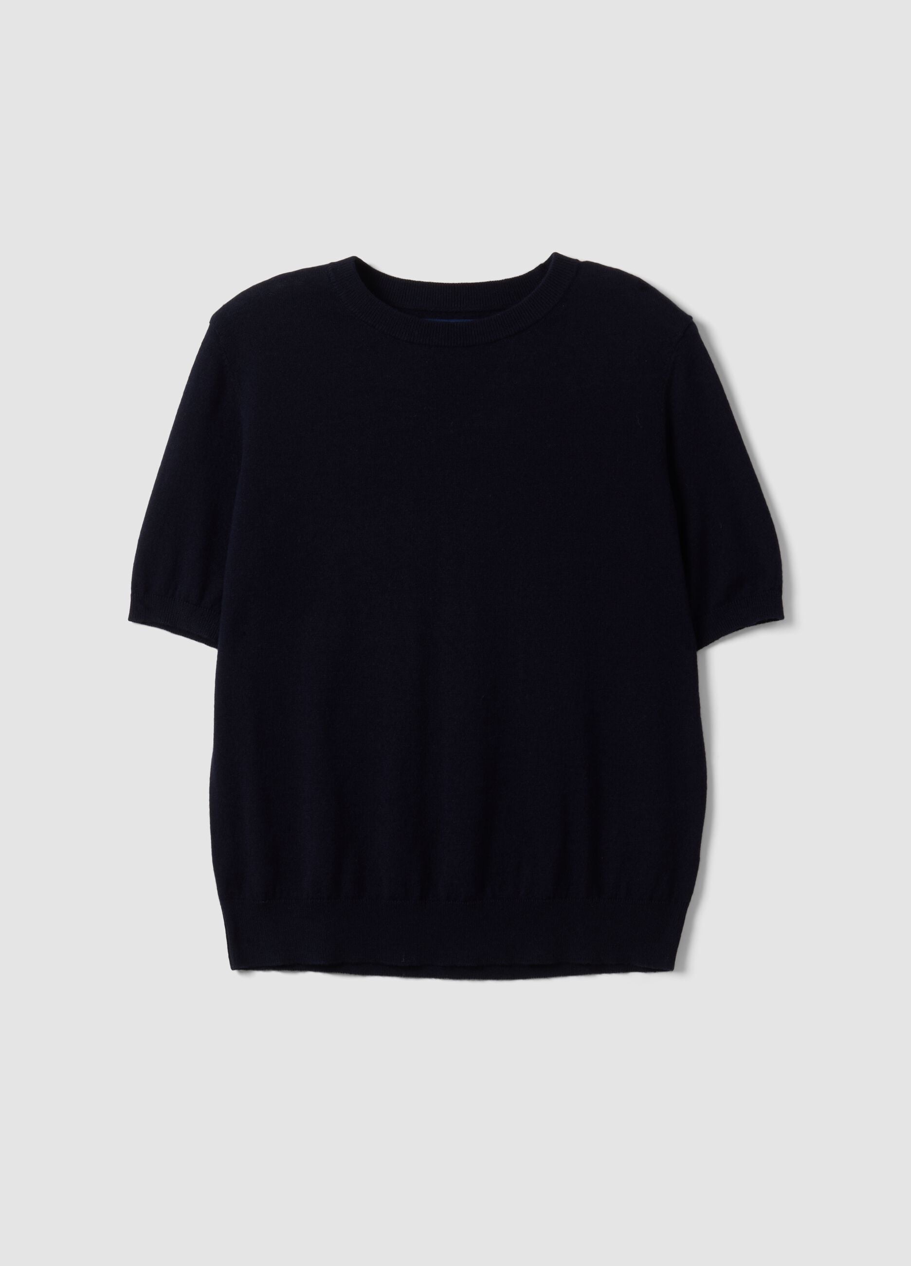 Navy wool-blend crew-neck short-sleeve jumper, regular fit