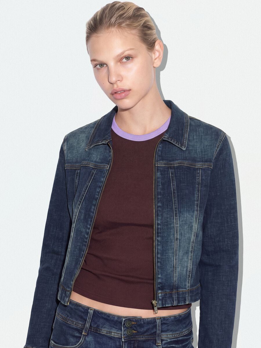 Blue slim-fit stretch cotton denim jacket with zip_1