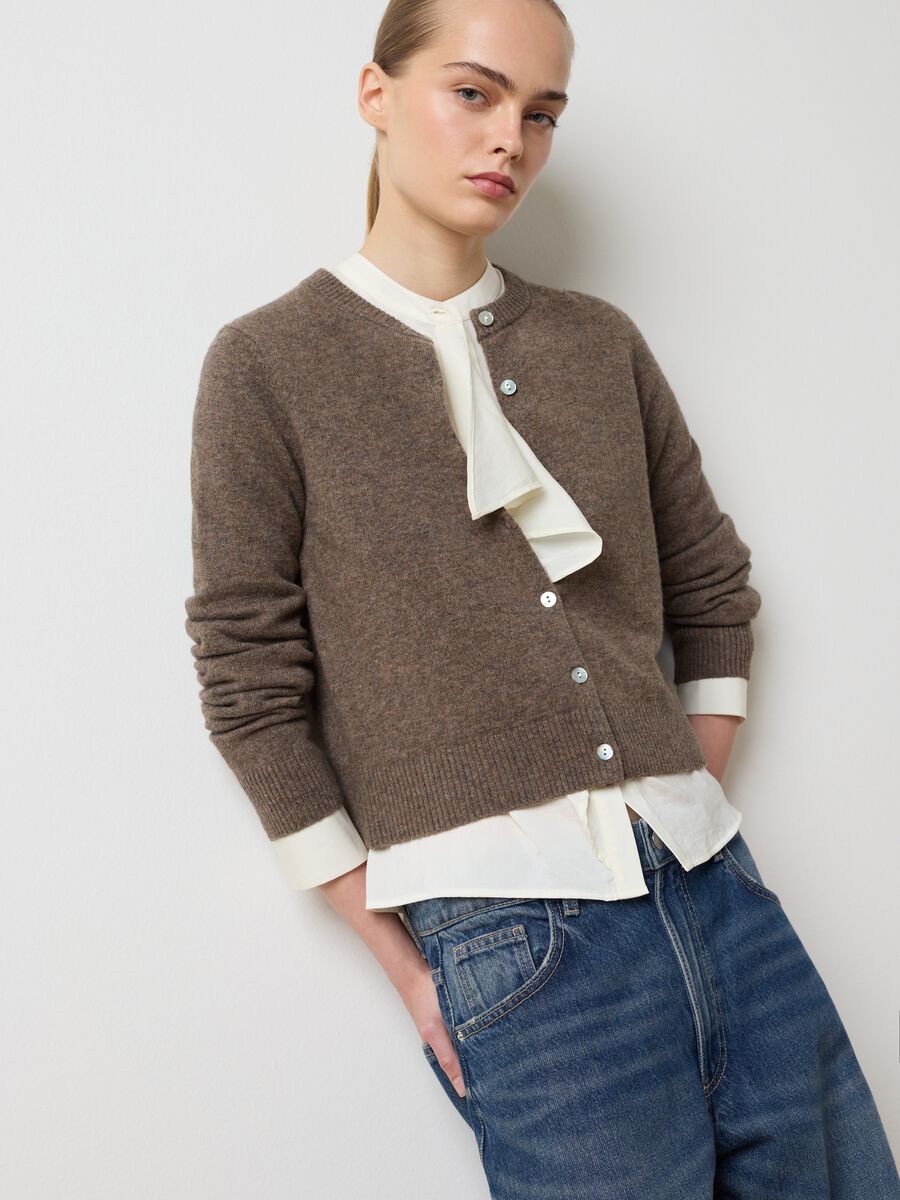 Brown crew neck cardigan in pure wool regular fit_0